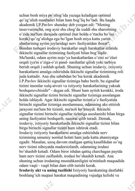 oslangan holda ishlaydi. agar ikkinchi signallar tizimi o’z faoliyatida birinchi signallar tizimiga asoslanmasa, odamning aks ettirish jarayoni ma'lum bir tizimli, ma'noli bo’lmaydi. ikkinchi signallar tizimi birinchi signallar tizimiga asoslanishi bilan birga uning faoliyatini boshqarib, nazorat qilib turadi. demak, irodaviy, ixtiyoriy harakatlarda ikkinchi signallar tizimi bilan birga birinchi signallar tizimi ham ishtirok etadi. irodaviy ixtiyoriy harakatlarni amalga oshirishda nerv tizimining umumiy normal holati ham juda katta ahamiyatga egadir. masalan, uzoq davom etadigan qattiq kasallikdan so’ng nerv tizimi nihoyatda madorsizlanib, odamning irodasi bo’shashib ketadi. odam biror ishdan qattiq charchagan paytda ham nerv tizimi zaiflashib, irodasi bo’shashib ketadi. ana shuning uchun irodaning mustahkamligini ta'minlash maqsadida odam vaqti - vaqti bilan dam olib turishi kerak. irodaviy akt va uning tuzilishi ixtiyoriy harakatning dastlabki boshlang’ich nuqtasi harakat maqsadining vujudga kelishi va shu maqsadning o’rtaga qo’yilishidir va uning tuzilishini quyidagicha izohlash mumkin. maqsad-kishining shu paytda ma'qul yoki zarur deb topgan ish harakatini tasavvur etish demakdir. masalan, …