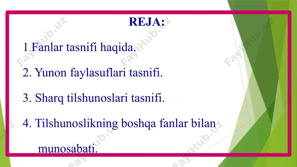 hug‘ullandilar. shunday olimlar orasida abu bakr ar-roziy (865-925) tomonidan ishlab chiqilgan kimyoviy bilimlar tasnifi alohida qimmatga ega. abu bakr ar-roziy "sirlar siri haqida kitob" risolasida kimyoviy bilimlarni uch guruhga ajratadi: a) moddalarni, narsalarni bilish; b) asboblarni bilish; v) kimyoviy jarayonlarni bilish bilan aloqador bilimlar. o‘rta osiyoda fanlar tasnifi muammosining asoschilaridan biri abu nasr farobiy (873-950) bo‘lib, 160 dan ortiq asar yaratgan, "sharq aristoteli (arastusi)" deb tan olingan buyuk mutafakkirdir. farobiy "kitob at-tahsil as-saodat" asarida barcha mavjud bilimlarni nazariy va amaliy guruhlarga ajratadi. "saodatga yetaqlovchi kitob" risolasida esa farobiy falsafani nazariy bilimlar qatoriga kiritadi, uning tarkibiga matematika, fizika, metafizika ham mansub, deb hisoblaydi. amaliy bilimlarga esa axloq (etika) va siyosat taalluqlidir. "fanlarning kelib chiqishli" risolasida olim barcha mavjud bilimlarni besh katta guruhga ajratadi:1. til haqidaga bilim - yetti bobga bo‘linadi; 2. mantiq (logika); 3. matematika - yetti mustaqil bilimlardan iborat: arifmetika, geometriya, optika, yulduzlar haqidagi ilm, musiqa haqidagi ilm va mexanika; …