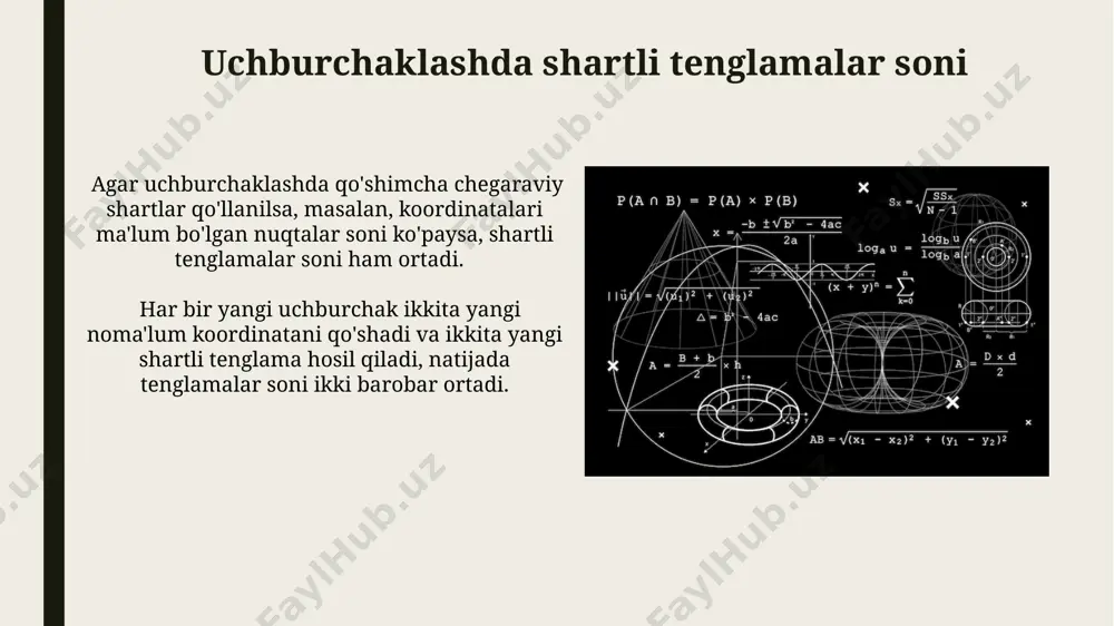 ularning hisoblash murakkabligi bilan bog'liqligi o'rganilishi lozim. kelajakdagi tadqiqotlar 3d-muhitlarda, masalan, 1000 dan ortiq nuqtalarni o'z ichiga olgan murakkab geometrik shakllarni triangulyatsiya qilishda shartli tenglamalar sonini aniqlashga qaratilishi mumkin. koordinata tizimi tanlash koordinata tizimini tanlashda, 2d muhitda 2ta, 3d muhitda esa 3ta koordinata kerak bo'ladi, bu esa tenglamalar soniga bevosita ta'sir qiladi va hisob-kitoblarni murakkablashtirishi mumkin. agar 10 ta nuqta triangulyatsiya qilinayotgan bo'lsa va har bir nuqta uchun 2ta shartli tenglama yozilsa, jami 20 ta shartli tenglama hosil bo'ladi, lekin bu son koordinata tizimining tanlanishiga bog'liq holda o'zgarishi mumkin. dasturiy ta'minot va algoritmlar iterativ uchburchaklash algoritmlari, har bir iteratsiyada o'rtacha 5-10 ta shartli tenglamani qayta hisoblash orqali, natijani aniqlashtirishda va yaqinlashishda yordam beradi, bu esa aniqlikni oshirish imkonini beradi. uchburchaklash algoritmlarini amalga oshirishda, xotira sarfini kamaytirish uchun, dinamik daraxt tuzilmalari yoki 2-darajali graflardan foydalaniladi, bu esa 1000 dan ortiq nuqta uchun samaradorlikni oshiradi. e'tiboringiz uchun rahmat @taqdimot_robot image1.jpg image2.jpg image3.jpg …