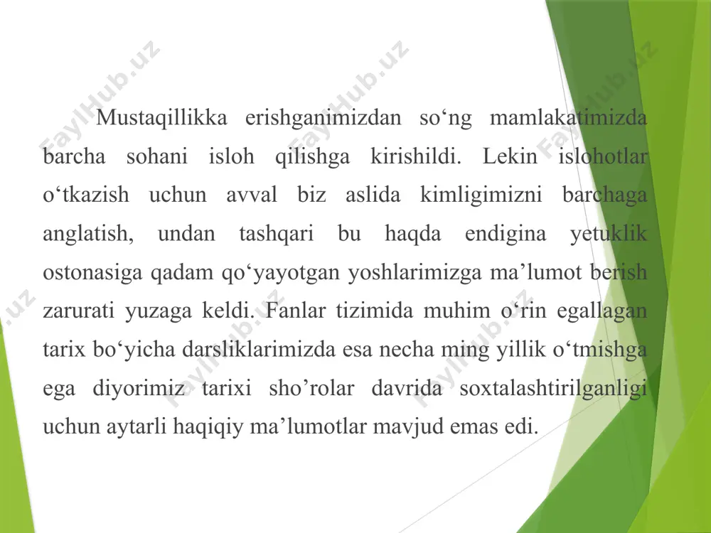 yat, ma’rifatni targ‘ib qilishdir. har bir ziyolining vijdon ishi hisoblangan bu targ‘ibot zaminida fidoyilik yotsa, targ‘ibotchi bu ishni o‘zining hayot- mamoti deb bilsagina, katta muvaffaqiyatlarga erishishimiz mumkin. prezidentimiz “tarixiy xotirasiz kelajak yo‘q” asarlarida “inson uchun tarixdan judo bo‘lish- hayotdan judo bo‘lish demakdir”, deydilar. chindan ham, mustabid tuzum davrida o‘zbek millati haqida har xil mulohazalar tarqaldi. go‘yo biz xunnlardan tarqalgan emishmiz- atilla boshchiligidagi xunnlar o‘rta osiyoga ham kelgan-u, keyin o‘zbeklar paydo bo‘lgan(?) yoki o‘zbekiston 1924-yilga kelibgina davlat sifatida shakllangan emish... yurtboshimiz bir o‘rinda :”o‘zbek tom ma’noda bunyodkordir. unga birovning yeri kerak emas. mabodo qo‘liga qurol olguday bo‘lsa, faqat o‘zini himoya qilish uchungina oladi”, deb ta’kidlaydi. xalqimiz tarixida podshohdan tortib, oddiy vakilgacha- hamma odam vatanparvar bo‘lgan! yurtboshimiz tili bilan aytganda, modomiki, o‘z tarixini bilgan, undan ruhiy quvvat oladigan xalqni yengib bo‘lmas ekan, biz haqqoniy tariximizni tiklashimiz, xalqimizni, millatimizni ana shu tarix bilan qurollantirishimiz zarur. tarix bilan qurollantirish, yana bir bor qurollantirish zarur. …