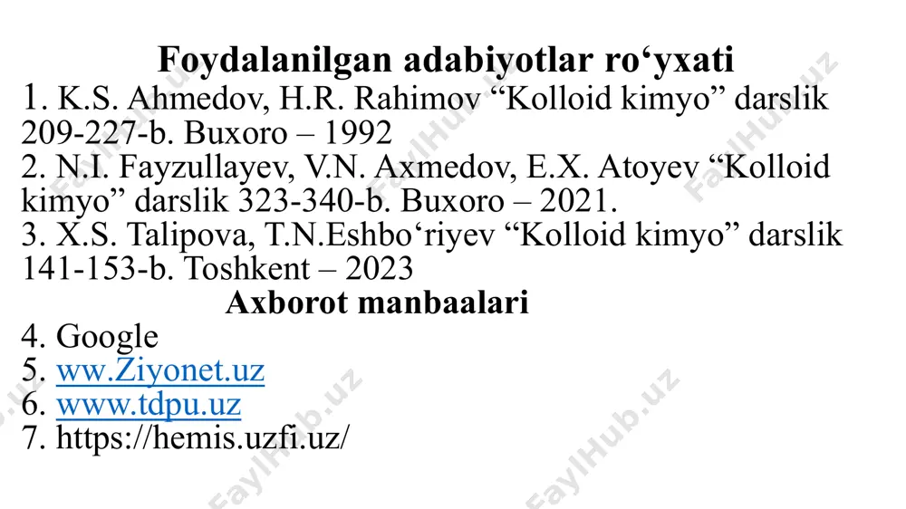 larga mansub bo‘lganligi uchun ular emulgatorlar deb ataluvchi maxsus stabilizatorlarning bo‘lishini (ishtirokini) talab etadi. emulgatorlarning asosiy turlari: 1. sovun va sovunsimon samlar; 2. eruvchan yumb; 3. yuqori disperslikka ega bo‘lgan qattiq jism. emulgator tanlashda quyidagi umumiy qoidaga amal qilinadi: emulgatorlar hamma vaqt dispers fazaga nisbatan dispersion muhitda yaxshi eriydi, qattiq erimaydigan emulgatorlar yaxshi ho‘llanadi. eng yaxshi emulgatorlar bu sirt faol moddalar va ba‘zi yumb lardir. eng samarali usul bu–kimyoviy reagentlar ta‘sirida emulgator tabiatini o‘zgartirishdir. emulsiyalarning ishlatilishi 3. sirt аktiv mоddаlаr vа ulаrning qo‘llаnilishi. latеkslаr. erigan moddani erituvchining sirt tarangligini o‘zgartirish qobiliyatiga - sirt–faollik deyiladi. shunday moddalar borki, ular suvda yaxshi eriydi, masalan, spirt, tuz, glitserin va x.k. bunday moddalar gidrofil moddalardir. moddalar borki, ular suvdan qochadi, amalda suvda erimaydi, masalan, yog‘lar, parafin va x.k. – bunday moddalar gidrofob moddalardir. agar bitta molekulada xam gidrofoblik, xam gidrofillik namoyon bo‘lsa, bunday moddalar difil tuzilishga ega bo‘ladi. yani ikki hil ko‘rinish ma’nosini anglatadi. …