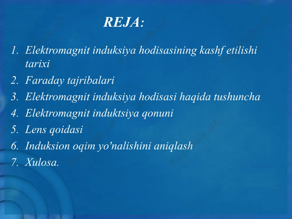 alangan emf oqim kuchlanishiga olib keladigan induktsiyalangan emf ("elektr to'lqinlari") magnit oqimning kattaligiga emas, balki uning o'zgarish tezligiga bog'liq. induktsiyalangan emf yopiq o'tkazgich zanjirida paydo bo'ladigan elektromotor kuch (emf),magnit oqimining o'zgarish tezligiga mutanosibbu kontur bilan chegaralangan sirt orqali. induktsiyalangan emf elektromotor kuchning kattaligioqim o'zgarishiga nima sabab bo'lganiga bog'liq emas- magnit maydonning o'zi yoki kontaktlarning zanglashiga olib keladigan o'zgarishi (yoki uning bir qismi) magnit maydonda. induktsiyalangan emf ushbu emfdan kelib chiqadigan elektr toki deyiladiinduksiyalangan oqim. elektromagnit induktsiya qonuni faradayning elektromagnit induksiya qonuniga ko'ra e = -df/dt e -emf, o'zboshimchalik bilan tanlangan kontur bo'ylab harakat qilish, b f– bu kontur bo‘ylab cho‘zilgan sirt orqali magnit oqimi, wb elektromagnit induktsiya qonuni yopiq halqadagi elektromagnit induksiyaning emf son jihatdan teng va bu halqa bilan chegaralangan sirt orqali magnit oqimining o'zgarish tezligiga qarama-qarshidir. elektromagnit induktsiya qonuni e = -df/dt formuladagi minus belgisi rus fizigi e. h. lenz nomi bilan atalgan lenz qoidasini aks ettiradi. lenz …
