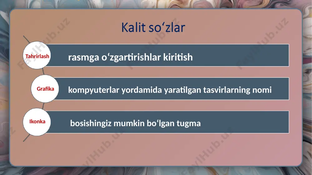 eb ataladi. ya’ni qo‘lda tasvir chizmoqchi boʻlganingizda, qogʻoz qanday vazifani bajarsa, ushbu maydonning vazifasi ham shunday bo‘ladi. undo tugmasini bosishda davom etsangiz, oxirgi qilgan amallaringiz birin-ketin siz bajargan tartibda ortga qaytadi toʻgʻri chiziq uskunasini sahifa yuqorisidagi shakllar boʻlimidan topish mumkin. u maydonchada joylashgan birinchi uskuna hisoblanadi. egri chiziq chizish uchun curved line uskunasini tanlang. sichqoncha koʻrsatkichini kanvasga, chiziq chizishni boshlamoqchi boʻlgan joyga joylang. mavzuni mustahkamlash uchun amaliy mashq 1.1-mashg‘ulot line uskunasidan foydalanib, kvadrat hosil qilish uchun toʻrtta toʻgʻri chiziq chizing. 1.2-mashg‘ulot line va curved line uskunalaridan foydalanib, quyidagi ko‘rinishdagi bayroq chizing: e’tiboringiz uchun rahmat! image1.jpg image2.png image3.png image4.png image5.png image6.png image7.png image8.png /docprops/thumbnail.jpeg