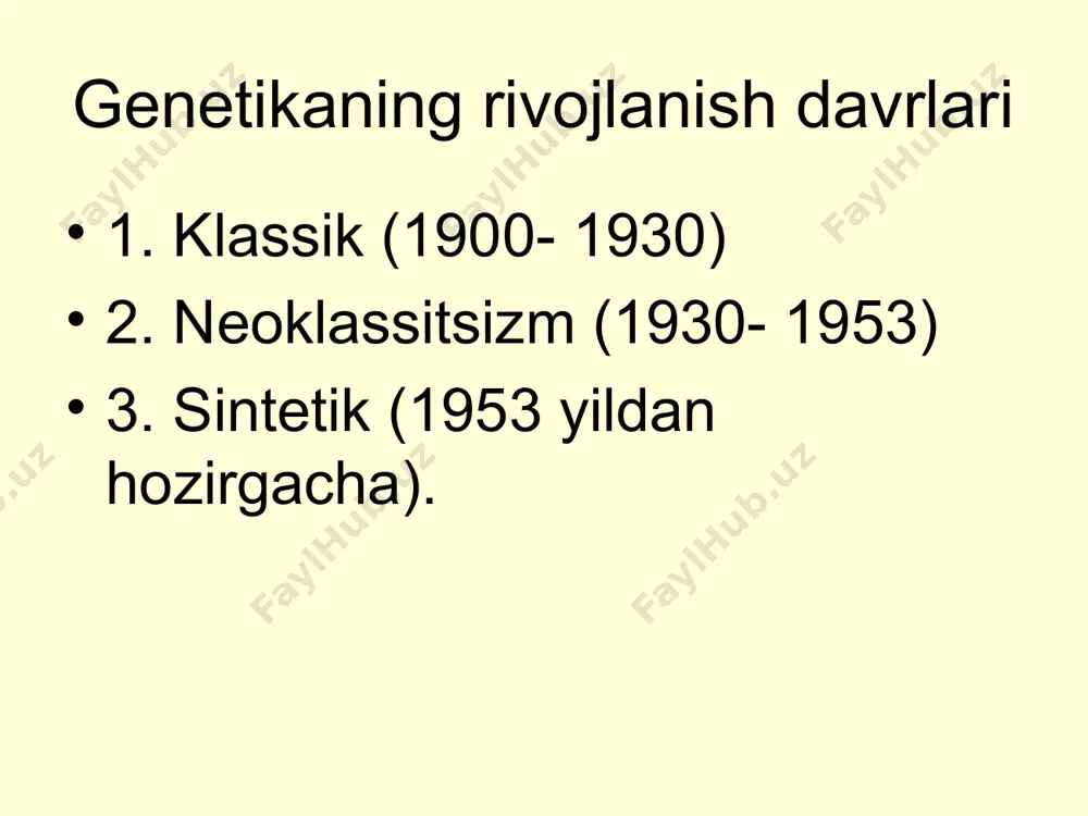 o sistemasi bo’yicha qon guruhlari qon guruhlari genotiplar eritrotsitlardagi antigenlar qon plazmasidagi antitelo i (0) ii - α, β ii (a) іаіа, іаі a β iii (b) івів, іві b α iv (ab) іаів ab - kodominantlik 2. noallel genlar o'zaro ta'siri (murakkab belgilar rivojlanadi) tiplari: komplementrlik epistaz joylashish effekti polimeriya komplementarlik dominant epistaz polimeriya 1. komplementarlik 2 gen (dominant holda) birgalikda yangi belgini yuzaga chiqaradi. belgilar ajralishi 9:7, 9:6:1 odamda: 1. eshitish qobiliyati, 2. interferon, 3.gemoglobin, 4. soch pigmentasiyasi genlari . soch rangining irsiylanishi epistaz 1 gen 2-chisining ta'sinrini bo'g'adi dominant epistazda belgilar ajralishi: 13:3, 12:3:1 gipostaz - resessiv epistaz “bombey fenomeni” 5. qo'shilish effekti kuzatiladi genlarning joylashish - effekti gen funksiyasi qo'shni genga bog'liqligi полимерия har xil genlar bitta belgiga ta'sir qiladi. 1. belgilar ajralishi: 15:1 4. miqdoriy belgilarga tasir qiladi 3. 4 dan ortiq dozalar varianti mavjud misollar: o'sish, tana massasi, gipertoniya, aqliy rivojlanish, semirishga moyillik, teri …