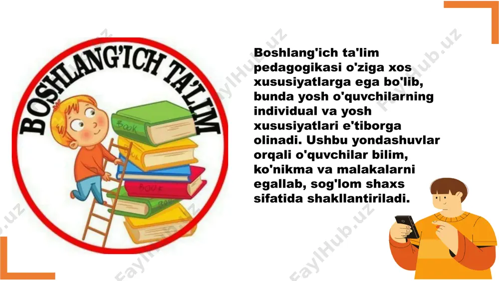 va malakalarini uzluksiz rivojlantirish amalga oshiriladi. 2 o'yin yondashuvi boshlang'ich ta'lim jarayonida o'yin texnologiyalaridan keng foydalaniladi, bu bolalarning qiziqishlarini rivojlantirishda muhim ahamiyatga ega. 3 differensiallashtirilgan yondashuv o'quvchilarning individual xususiyatlari inobatga olinadi va ularga mos ravishda yondashiladi. 6 boshlang'ich ta'lim o'qituvchisining kasbiy kompetensiyalari yetuk bilim boshlang'ich sinf o'qituvchisi chuqur va tizimli bilimga ega bo'lishi lozim. pedagogik mahorat o'qituvchi o'quvchilarni qiziqtirish va faollashtira oladigan innovatsion usullarni qo'llash qobilyatiga ega bo'lishi kerak. muloqot mahorati boshlang'ich sinf o'qituvchisi bolalar bilan yaxshi muloqot o'rnatish va ularni yetaklay olish qobilyatiga ega bo'lishi zarur. 7 boshlang'ich ta'lim jarayonida innovatsion texnologiyalar interaktiv texnologiyalar smartboard, grafik planshetlar, ilovalar kabi interaktiv texnologiyalar boshlang'ich ta'lim sifatini oshirishda muhim o'rin tutadi. multimedia vositalar videolar, animatsiyalar, simulyatsiyalar singari multimedia vositalaridan foydalanish o'quvchilarni qiziqtirish va faollashtiradi. steam yondashuvi fanning, texnologiyaning, injeneriyaning, san'atning va matematikaning integratsiyasi asosida ta'lim jarayonini tashkil etish samarador usul hisoblanadi. 8 boshlang'ich ta'lim sifatini oshirish yo'llari o'qituvchilarga doimiy malaka oshirish boshlang'ich …
