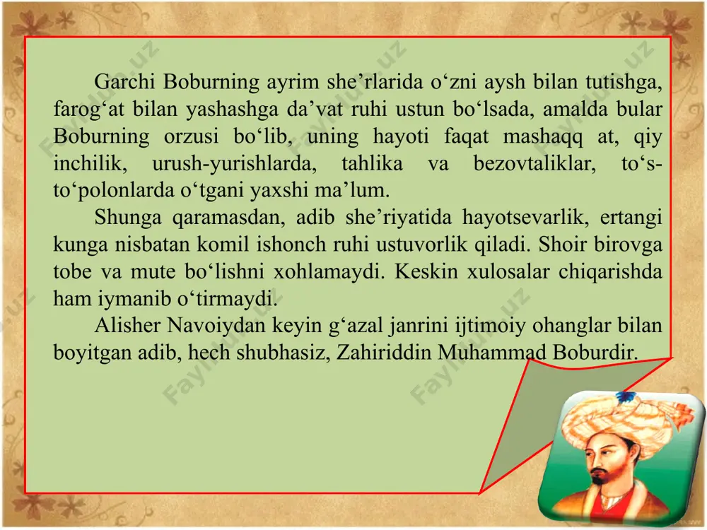 avermaydi. boburda mana shunday mardonalik har doim ochiq namoyon bo‘ladi. bu yerda ham shu xislatning yana bir qirrasi ko‘rinib turibdi. ammo taqdir buyrug‘iga bo‘ysunmaslikning ham imkoni yo‘q. oxirgi misra mana shu e’tirofning go‘zal ifodasi sifatida yaratilgan. bobur ruboiylari bu janrni yangi mavzu bilan boyitdi. ularga hasbi hol ohanglarining, yurtsevarlik, vatanparvarlik g‘oyalarin ing ustuvor tarzda singdirilishi mana shu yangilikning bir qismini tashkil etadi. yana bir yangilik ularning tabiiy, samimiy ruhi bilan belgilanadi. bobur ruboiylari hayotning turli qirralari haqida bahs yuritadi. bobur ruboiylari ham g‘azallari kabi hasbi hol xarakteriga ega: ularda adib o‘z ko‘rgan-kechirgan tuyg‘ularini ifodalashga ko‘proq e’tibor beradi: necha bu falak solg‘usi g‘urbatqa meni, har lahza tugangusiz mashaqqatqa meni. ne chora qilay, netayki, tengri go‘yo mehnatni menga yaratdi, mehnatqa – meni. ushbu ruboiy mavzusiga ko‘ra boshqa ruboiylarga uyg‘un. unda ham yor, ham diyordan yiroqlik, ulardan ayrilib yashash iztiroblari aks etgan. ayni paytda, kundalik hayot maromining o‘zida ham kutilmagan azob-uqubatlar, ranj-u kulfatlarning …