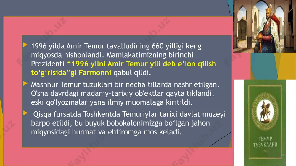 naviy-ma’rifiy ishlar tizimi takomillashtirildi. jahonda hozirgi murakkab va tahdidlarga boy vaziyatini inobatga olgan holda sohada amalga oshirilayotgan ishlarga tanqidiy baho berib, uning faoliyatini zamon talablari asosida takomillashtirishni taqozo etmoqda. shu munosabat bilan o‘zbekiston respublikasi prezidentining 2017-yil 28-iyuldagi “ma’naviy-ma’rifiy faoliyat samaradorligini oshirish va sohani sifat jihatidan yangi bosqichga ko‘tarish to‘g‘risida”gi qarori qabul qilindi. 3. o‘zbekistonda madaniyat va san’at poytaxtda oʻzbek davlat akademik teatri (2001) va oʻzbekiston akademik rus drama teatri (1999) rekonstruksiya qilindi, viloyat teatrlari taʼmirlandi yoki qurildi. 2015-yil oktabr oyida rekonstruksiya qilingan a.navoiy nomidagi o‘zbekiston davlat akademik katta teatrining tantanali ochilish marosimi bo‘lib o‘tdi. 1993-yil sentabrda “turkiston” saroyi o‘z faoliyatini boshladi. 2009-yilda “oʻzbekiston” xalqaro anjumanlar saroyi, 2011-yilda simpoziumlar saroyi va a.navoiy nomidagi milliy kutubxonadan iborat taʼlim markazi ochildi. 2014-yilda farg‘ona viloyati teatr-konsert saroyi foydalanishga topshirildi. 1991-yilda farg‘onada qo‘g‘irchoq teatri ish boshladi. 1993-yilda xorazm davlat qo‘g‘irchoq teatri ilk bor yosh tomoshabinlarni qabul qildi. 1994 yilda qashqadaryo va namangan viloyat teatrlarida qoʻgʻirchoq …