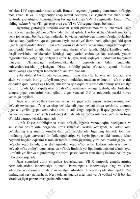 ional anatomiyasiga mos kelmaydi, bundan vizualizatsiya usullari natljalariga baho berishda, hamda xirurgik operatsiyalar o'tkazishda foydalaniladi, uning negizini darvoza venasi, xususiy jigar arteriyasi va o't yo'llarining tarmoqlanishi printsipi tashkil qilinadi, ular qon ta'minotini va jigarning bir-biriga nisbatan uzoqlashgan sohalaridan qon oqib kelishini ta'minlab turadi. chunonchi, darvoza venasi o'ng va chap tarmoqlarga bo' linib, tegishli jigarning o'ng va chap bo'lagini oziqlantiradi. bo'laklar o'rtasidagi chegara qiya chiziq botylab pastki kovak venasidan o't qopchasi o'rnigacha va keyin jigar darvozasigaeha boradi, darvoza venasining har ikki tarmog'i, o'z navbatida, yana ikkita tarmoqqa bo'linib sektorlar nomini olgan sohalarni qon bilan ta'minlaydi, ong bo'lakda — oldingi va orqa, chap bo'lakda — medial va lateral sektorlar farqlanadi. sektorlar segmentlarga bo'linadi, ular raqamlar bilan belgilanadi. chap bo'lakni i-iv segmentlar hosil qiladi, bunda i segment jigarning dumsimon bo'lagiga mos keladi il va ill segmentlar chap lateral sektorda, iv segment esa chap medial sektorda joylashgan. jigarning o'ng bo'lagi tarkibiga v-viii segmentlar kiradi. …