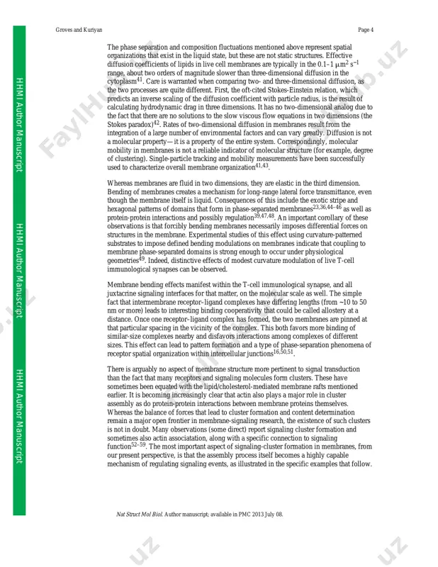 indicators only. an excellent example of an emergent property resulting from protein binding to membrane surfaces is the self-organizing wave pattern of bacterial min proteins14 (fig. 2). these proteins are crucial for accurate cell division and undergo spatiotemporal oscillations in vivo. a simple mixture of mind, an atpase, and mine, a protein that stimulates the atpase activity of mind, has recently been observed to spontaneously organize into propagating wave patterns on supported membrane surfaces in vitro in the presence of atp. although the emergent behavior is complex, the system can be quantitatively understood in terms of a reaction-diffusion model for membrane-surface interactions14. importantly, the basic combination of properties that lead to this behavior is not so difficult to achieve, suggesting that dynamic spatial organization could be involved in a wide range of signaling processes. indeed, similar wave patterns of actin polymerization can be observed along the membranes of eukaryotic cells15. …
