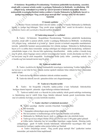 "eng yaxshi qisqa metrajli film" ko‘rik-tanlovi — DOCX