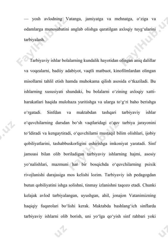 rining shakllanib borishi bilan o‘qituvchi-tarbiyachining bolalar jamoasiga rahbarlik qilishidagi jarayonini o‘zgartirib boradi. o‘qituvchi boshlang‘ich sinflardayoq ahil bolalar jamoasini yaratish asosida sog‘lom jamoatchilik fikrini yaratadi. boshlang‘ich sinf o‘qituvchilarining bolalar tarbiyaviy jamoasini yaratish sohasidagi ishini yuqori sinflarning sinf rahbarlari davom ettiradilar. boshlang‘ich sinf o‘qituvchisi o‘quvchilarni ta’lim va tarbiyaning tabiiy sharoitida, ularning jamoa faoliyati jarayonida o‘rganadilar. sinfdan tashqari ish o‘quvchilarga biror maqsadga qaratilgan pedagogik ta’sir vaqtini uzaytiradi, u o‘qituvchining darslarda egallagan bilimlarini kengaytirish va chuqurlashtirish, bolalarning qobilyatini rivojlantirish, ularning xilma-xil qiziqishlarini qondirish, madaniy dam olishlarini uyushtirish imkonini beradi. sinfdan tashqari ish bolalarni jamiyat hayotiga jalb qilishning katta imkoniyatlariga ega. har bir jamoa o‘z-o‘zini boshqarish organiga ega va umummilliy jamoaning uzviy qismi sanaladi. shuningdek, u maqsadning birligi va tashkil qilish xususiyatlari orqali umummilliy jamoa bilan bog‘lanadi. ijtimoiy jamiyatning ehtiyojini qondirishga yo‘naltirilgan birgalikdagi faoliyat jamoaning navbatdagi muhim xususiyatlaridir. jamoa faoliyatining ijtimoiy-g‘oyaviy yo‘nalishi ham jamoaning faoliyati mazmunida o‘z aksini topishi muhim ahamiyatga ega. bolalar jamoasi rivojlanishi …