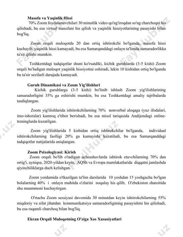 pasayishi bilan bog'liq. zoom orqali muloqotda 20 dan ortiq ishtirokchi bo'lganda, masofa hissi kuchayib, yaqinlik hissi kamayadi, bu esa samarqanddagi onlayn ta'limda samaradorlikka ta'sir qilishi mumkin. toshkentdagi tadqiqotlar shuni ko'rsatdiki, kichik guruhlarda (3-5 kishi) zoom orqali bo'ladigan muloqot yaqinlik hissiyotini oshiradi, lekin 10 kishidan ortiq bo'lganda bu ta'sir sezilarli darajada kamayadi. guruh dinamikasi va zoom yig'ilishlari kichik guruhlarga (3-5 kishi) bo'linib ishlash zoom yig'ilishlarining samaradorligini 35% ga oshirishi mumkin, bu esa toshkentdagi amaliy tajribalarda tasdiqlangan. zoom yig'ilishlarida ishtirokchilarning 70% nonverbal aloqaga (yuz ifodalari, imo-ishoralar) kamroq e'tibor berishadi, bu esa misol tariqasida andijondagi online-treninglarda kuzatilgan. zoom yig'ilishlarida 5 kishidan ortiq ishtirokchilar bo'lganda, individual ishtirokchilarning faolligi 20% ga kamayishi kuzatiladi, bu esa samarqanddagi tadqiqotlar natijalarida aniqlangan. zoom psixologiyasi: kirish zoom orqali bo'lib o'tadigan uchrashuvlarda ishtirok etuvchilarning 70% dan ortig'i, ayniqsa, 2020-yildan keyin, aqsh va evropa mamlakatlarida diqqatni jamlashda qiyinchiliklarga duch kelishgan. zoom yordamida o'tkazilgan ta'lim darslarida 10 yoshdan 15 yoshgacha bo'lgan bolalarning …