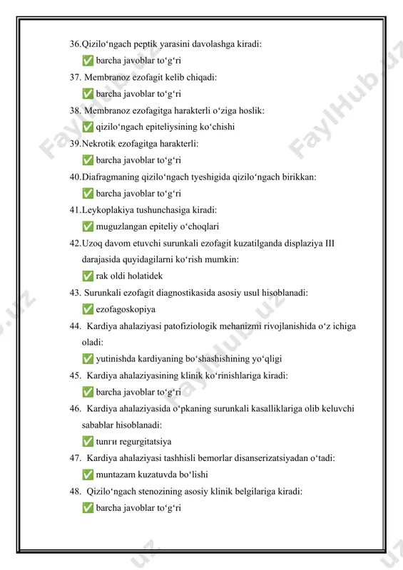 ning patogenezida asosiy boʻlib hisoblanadi: ✅ antireflyuks barʼerining buzilishi 58. qiziloʻngachning pastki sfinkteri tonusini oshiradi: ✅ gastrin 59. qiziloʻngachning pastki sfinkteri tonusini pasaytiradi: ✅ prostaglandin ye1 60. ingicha va yoʻgʻon ichaklarning biopsiyasi diagnostik bebaho usul hisoblanadi: ✅ keltirilganlarning barchasida 61. ichak disbakteriozi bilan asoratlangan surunkali enterokolitga xos simptom, quyidagilardan tashqari: ✅ qon bosimining oshishi 62. surunkali enterokolit remissiyasidagi bemorlardagi disbakteriozni davolashda ko‘rsatma hisoblanadi: ✅ biologik preparatlar va antiferment preparatlar 63. surunkali enterokolitda dispeptik buzilishni kuchaytiruvchi ovqat mahsulotlari, quyidagilardan tashqari: ✅ jiyda mevasi 64. ich qotishi hos emas, quyidagilardan tashqari: ✅ surunkali enteritga 65. yo‘g‘on ichak ta’sirlanish sindromini davolashda parhez o‘z ichiga oladi, quyidagilardan tashqari: ✅ hayvon yogʻlarining koʻp boʻlishi 66. yo‘g‘on ichak ta’sirlanish sindromida asosiy simptom: ✅ qorin sohasida ogʻriq 67. yo‘g‘on ichak ta’sirlanish sindromida ahlatning buzilishi: ✅ ich qotishi 68. yo‘g‘on ichak ta’sirlanish sindromi diagnostikasida qo‘llaniladi, quyidagilardan tashqari: ✅ ultratovush tekshiruvi 69. yo‘g‘on ichak ta’sirlanish sindromini davolashda qo‘llaniladi: ✅ …