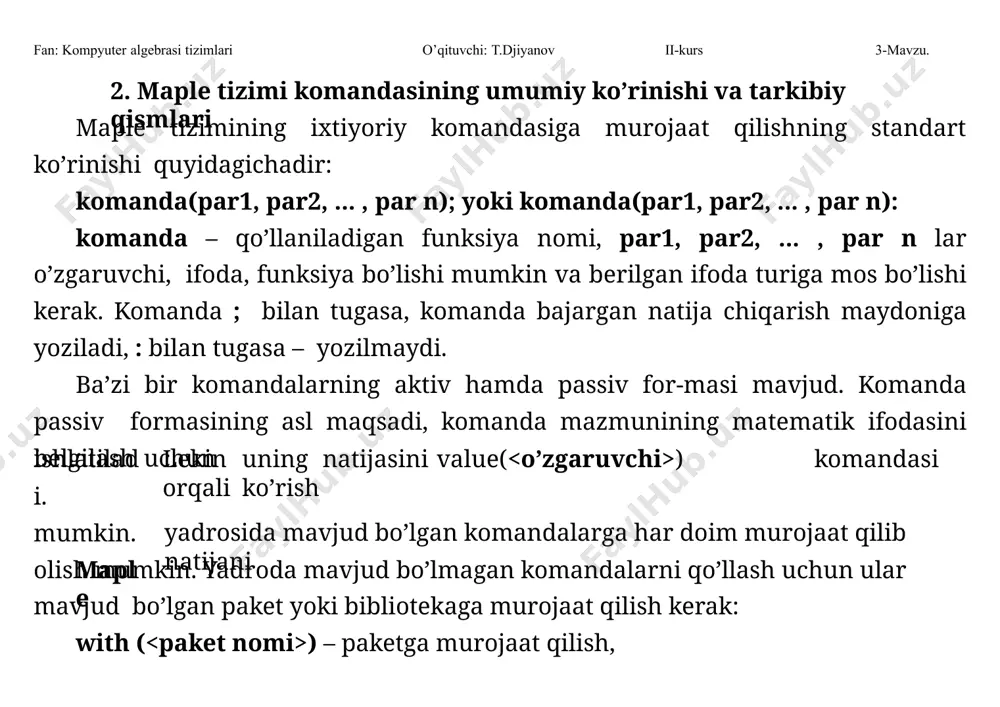 al); simplify(f,assume=positive); f := x2 csgn(x) x x x simplify(f,symbolic); x fan: kompyuter algebrasi tizimlari o’qituvchi: t.djiyanov ii-kurs 3-mavzu. ifodalarni foydalanuvchilarning biror qoidasi asosida soddalashtirish kerak bo’lsa, simplify( , {tenglik1, tenglik2, ...}); ko’rinishdagi komandani qo’llanadi. biror ifodani nolga teng deb hisoblash lozim bo’lsa, uni { } da yozish kerak. misol: g:=a^2+b^2+c; to’plamini {} bilan yoki ro’yxatini [ ] bilan ko’rsatish kerak. to’plam ko’rinishda nisbatan tartiblanadi, keyin berilganda oldin ifoda o’zgaruvchilarning darajasiga soddalashtiriladi. ro’yxat ko’rinishda berilganda ifoda oldin ro’yxatda birinchi ko’rsatilgan o’z-garuvchi darajasiga nisbatan soddalashtiriladi keyin bu jarayon qolgan o’zgaruvchilarga nisbatan qo’llaniladi. bu qoida to’g’risida to’liq ma’lumot olish uchun ?simplify[siderels] komanda qo’llanadi. g := a2  b2  c simplify(g,{b^2,a^2+c=1}); 1 soddalashtirish natijasini ifodada ishtirok etuvchi o’zgaruvchilarning ma’lum bir tartibi bo’yicha qo’llash va aks ettirish mumkin. buning uchun komandada ularning fan: kompyuter algebrasi tizimlari o’qituvchi: t.djiyanov ii-kurs 3-mavzu. qavslarni ochish komandasi. qavslarni ochish komandasining umumiy ko’rinishi expand( , , ... , …