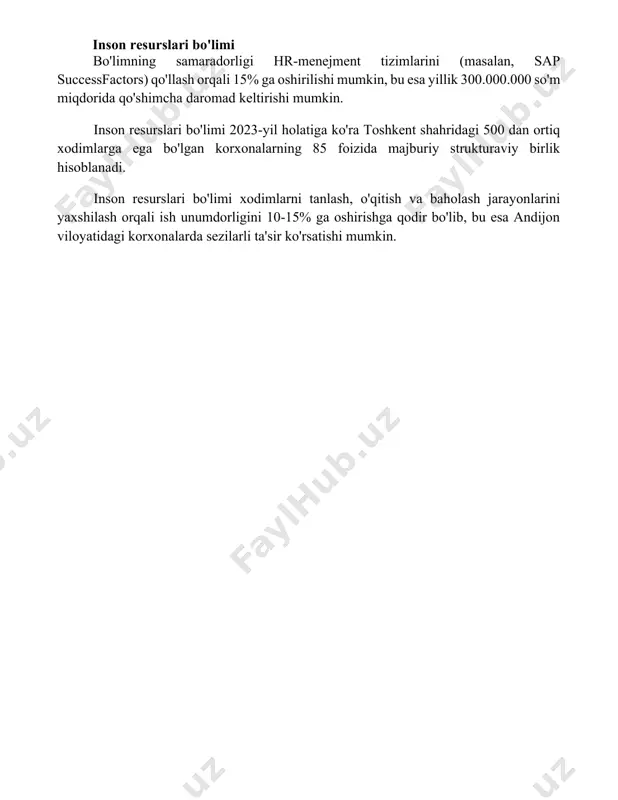 ha daromad keltirishi mumkin. inson resurslari bo'limi 2023-yil holatiga ko'ra toshkent shahridagi 500 dan ortiq xodimlarga ega bo'lgan korxonalarning 85 foizida majburiy strukturaviy birlik hisoblanadi. inson resurslari bo'limi xodimlarni tanlash, o'qitish va baholash jarayonlarini yaxshilash orqali ish unumdorligini 10-15% ga oshirishga qodir bo'lib, bu esa andijon viloyatidagi korxonalarda sezilarli ta'sir ko'rsatishi mumkin. 📌xulosa корхонанинг тузилиш бирликлари унинг самарали фаолияти учун муҳим асос бўлиб, ўзаро боғлиқ бўлимлар ва жамоалардан ташкил топади ҳамда умумий мақсадга эришишга хизмат қилади. уларнинг самарали ўзаро ҳамкорлиги корхонанинг муваффақиятига кафолат беради. 📚foydalanilgan adabiyotlar 1. миллер, д. корпоратив структураси ва стратегик бошқарув. 2. чендлер, а. д. кўп миллий корпорациялар. 3. пэрсонс, т. ташкилотларнинг тузилмавий таҳлили. 4. минцберг, г. ташкилотларнинг тузилмаси. 5. скотт, у.р. ташкилотларнинг институционал назарияси. 6. уильямс, к. ташкилотлардаги структура ва жараёнлар. 7