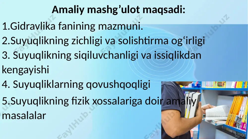 springeoline.com, worldbank.org/eca/environment. foydalanishga tavsiya etilgan adabiyotlar 3 gidravlika (yunon. hydraulikos, hydor - suv va aulos- quvur) —suyuqliklarning muvozanatdagi va harakatdagi qonunlarini о‘rganib,texnikaga tatbiq etuvchi fan. gidrostatika, gidrodinamika va kinematik gidravlikasiga bо‘linadi. fanning maqsadi: mexanika yo’nalishi bo’yicha ta’lim olayotgan talabalarga gidravlika fanini amaliyotga tadbiq qilish, tajribaviy natijalar va nazariy ma’lumotlar asosida olingan qonunlar va formulalarni texnika va ishlab chiqarish obyektlarida, gidroinshootlarda ishlatishni o’rgatish. bu fanda o’rganilayotgan obyekt suyuqlik va gaz bo’lib, ular oson deformatsiyalanuvchan materiallar hisoblanadi. bu o’z navbatida massaning, impulsning, energiyaning saqlanish qonunlarini maxsus shakllarda yozishni va ularni yechishning maxsus usullarini o’rganishni talab qiladi. fanning boshqa fanlar bilan bog’liqligi va uslubiy jihatdan uzviy ketma-ketligi - gidravlika fani nazariy mexanika, tutash muhitlar mexanikasi, matematik analiz, algebra, analitik va differensial geometriya, differensial tenglamalar, hisoblash usullari fanlari bilan bog’langan bo’lib, bu fanlar talabalarning gidravlika fanini chuqur o’zlashtirishlari uchun zarur fanlar hisoblanadi. suyuqlik qonunlarining oсhilishi eramizning xvi – xvii asrlaridan boshlandi. bularga leonardo da …