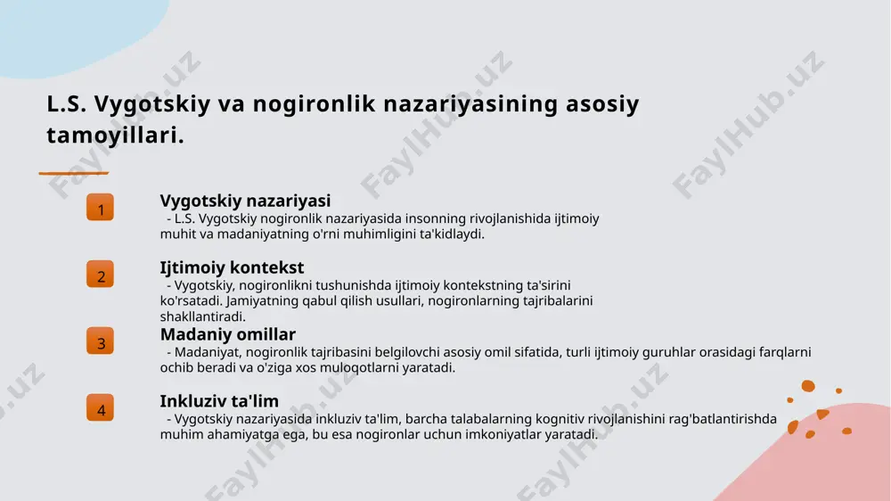 ual ta'lim rejalari va interaktiv o'qitish usullari, nogironlar uchun imkoniyatlarni kengaytiradi va ularni qo'llab-quvvatlaydi. nogironlik va ijtimoiy konstruktsiyalar: vygotskiy nazariyasi nuqtai nazaridan. 1 ijtimoiy konstruktsiyalar - nogironlik ijtimoiy konstruktsiyalarning natijasidir. bu, nogironlarga nisbatan jamiyatning fikr va munosabatlarini belgilaydi, va ularni qabul qilishda muhim rol o'ynaydi. 2 vygotskiy va ijtimoiy nazariya - vygotskiyning nazariyasiga ko'ra, insonlar ijtimoiy muhitda o'z rivojlanishlarini amalga oshiradilar. nogironlikni tushunishda, jamiyatning ta'siri va ijtimoiy aloqalar muhimdir. 3 madaniyat va nogironlik - madaniyat, nogironlik tajribasini shakllantiradi. vygotskiy nuqtai nazaridan, madaniy kontekst nogironlarning hayotini va o'zaro munosabatlarini belgilaydi, bu esa inklyuzivlikni ta'minlaydi. madaniyat va nogironlik: ijtimoiy kontekstda tajribalar. madaniyat va nogironlik ijtimoiy stereotiplar madaniy integratsiya madaniyat nogironlikni qanday tushunishimizga ta'sir qiladi. har bir jamiyatda nogironlikning ijtimoiy qabul qilinishi va qadriyatlari farq qiladi. ijtimoiy stereotiplar nogironlarni qabul qilishda muhim rol o'ynaydi. bu stereotiplar, ko'pincha, nogironlarga nisbatan salbiy fikrlarni shakllantiradi. madaniy integratsiya nogironlarning ijtimoiy hayotga qo'shilib, jamiyatda o'z o'rnini topishiga yordam …