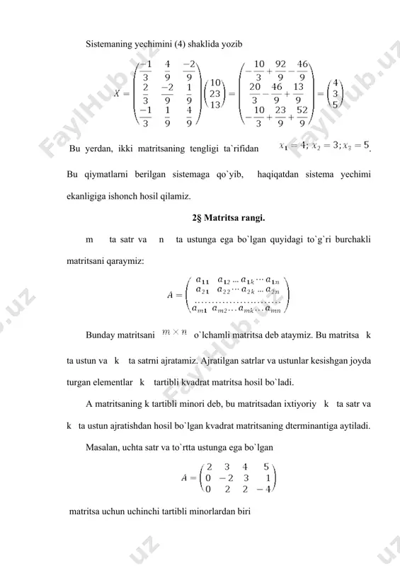 usuli umumiy holda gauss usuli ham deb ataladi. mazkur ishda ulardan tashqari teskari matritsa usuli, kramer formulalaridan foydalanish usullarini ham ko`rib o`tamiz. 2§ gauss usuli (noma`lumlarni ketma-ket yo`qotish usuli) bu usul noma`lumlarni ketma-ket yo`qotish yordamida berilgan sistemaga ekvivalent bo`lgan zinapoyasimon (xususiy holda uchburchak) shaklidagi sistemaga keladi. zinapoyasimon sistema deb, (1) ko`rinishdagi sistemaga aytiladi, bu yerda k ≤n, , i=1,2,...,k agar k=n bo`lsa, u holda (1) sistema uchburchak shaklida bo`ladi. misol. ushbu tenglamalar sistemasini gauss usulida yeching. yechish: sistemaning 1- tenglamasidan ni topib, sistemaning 2- va 3- tenglamalariga qo`yamiz: bu sistemaning ikkinchisidan ni topib, uchinchi tenglamaga qo`yib, qo`yidagi sistemaga kelamiz: bu yerdan 3§ kramer usuli. uch noma`lumli uchta tenglamalar sistemasi (1) berigan bo`lsin. sistemaning asosiy determinanti va yordamchi determinantlari. ; ni tuzamiz. agar sistemaning determinanti ∆≠0 bo`lsa, u holda (1) sistema ; (2) yagona yechimga ega bo`ladi. (1) sistemaning yechimini (2) ko`rinishda topish kramer qoidasi deb ataladi. agar bo`lib, lardan hech …