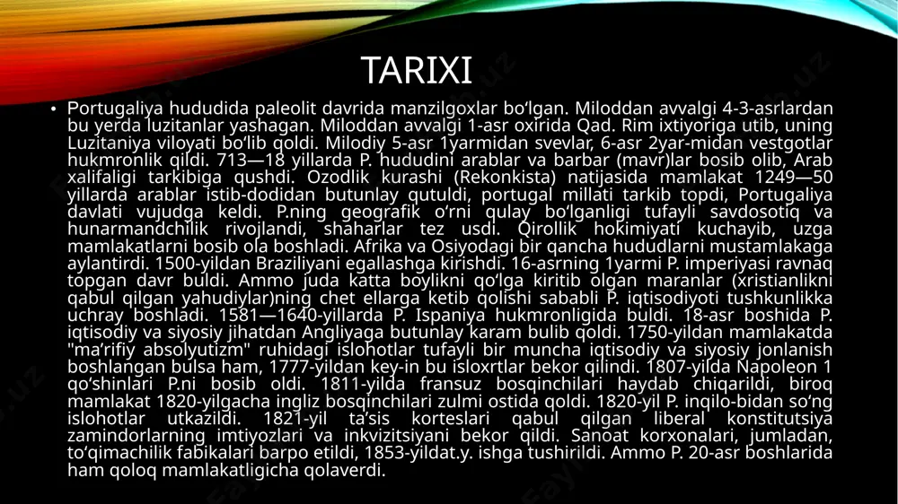 ishga intilmoqda. texnologiya va innovatsiya: startaplar va yuqori texnologik sohalarga sarmoya kiritish portugaliya uchun muhim bo'lib, mamlakat "startup portugal" tashabbusi orqali startaplarni qo‘llab-quvvatlashga harakat qilmoqda. texnologiyalar, sun'iy intellekt va raqamli transformatsiya uchun hukumat subsidiyalarini taklif qilmoqda. infratuzilma loyihalari: yangi avtomobil yo‘llari, transport tarmoqlari, energetika loyihalari va shahar infratuzilmasi bo‘yicha katta investitsiyalar amalga oshirilmoqda. sug’urta tizimi portugaliyadagi sug‘urta sektori rivojlangan bo‘lib, eng katta kompaniyalar hayot sug‘urtasi, avtomobil sug‘urtasi, sog‘liqni saqlash sug‘urtasi, uy-joy sug‘urtasi va yirik tijorat sug‘urtasini taqdim etadi. sug‘urta bozori hamda ijtimoiy sug‘urta tizimi davlat tomonidan tartibga solinadi va ijtimoiy himoya tizimi orqali qo‘llab-quvvatlanadi. hayot sug‘urtasi: portugaliya fuqarolari o‘zlarini va oilalarini himoya qilish uchun hayot sug‘urtasini keng tarqalgan tarzda tanlaydilar. sog‘liqni saqlash sug‘urtasi: mamlakatda davlat sog‘liqni saqlash tizimi mavjud bo‘lsa-da, ko‘plab fuqarolar maxsus sog‘liqni saqlash sug‘urtalarini olishadi, bu o‘z navbatida sog‘liqni saqlash xizmatlarining sifatini oshirishga yordam beradi. avtomobil sug‘urtasi: portugaliyada avtomobil sug‘urtasi majburiydir, bu orqali yo‘l harakati xavfsizligini va fuqarolarning …