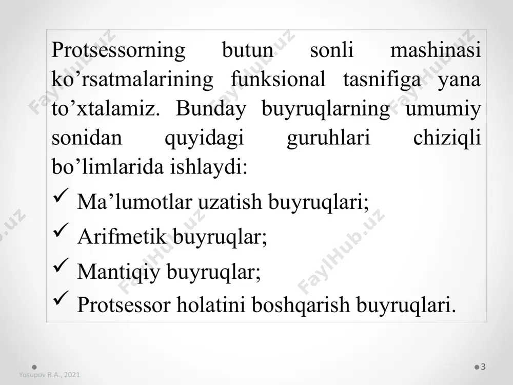 d talablari sub buyrug’i bilan bir xil shartli o’tish sintaksis jxxx nishon; xxx o’tish shartini belgilaydi mnemonik kodlar ro’yxati je ; teng bo’yicha o’tish jne ; teng emas bo’yicha 10 yusupov r.a., 2021 qolgan shartlar uchun o’tishlar ishorasiz va ishorali sonlar uchun farq qiladi. ishorasiz shart ishorali jb jg jae ≥ jge siklni boshqarish diqqat: quyidagi buyruqlar o’tish buyrug’idan 128 baytdan oshmaydigan buyruqlarga o’tishga imkon beradi. jecxz nishon; agar ecx = 0 bo’lsa, nishonga o’ting loop nishon buyruq harakati: 1) ecx: = ecx -1; 2) agar ecx ≠ 0 bo’lsa, nishonga o’tish sodir bo’ladi. 11 savollar????? image2.jpeg /docprops/thumbnail.jpeg