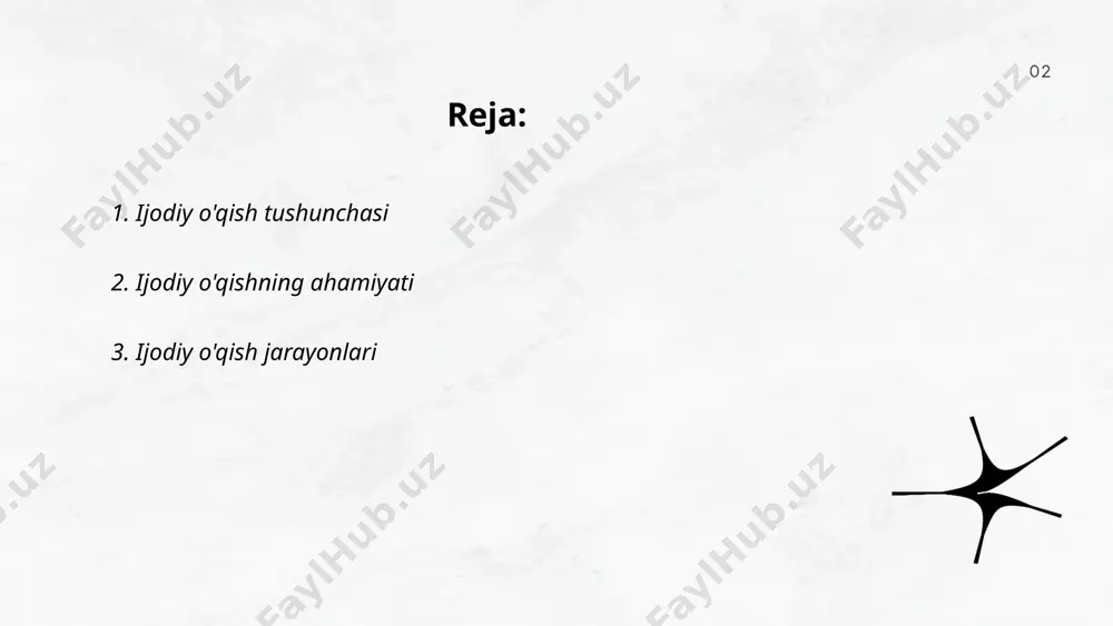, bu esa ularga kelajakda turli sohalarda muvaffaqiyatga erishish imkonini beradi. ... t.me/slaydai_bot ijodiy o'qish jarayonlari kitoblar, maqolalar yoki boshqa matnlar orqali chuqur tushuncha hosil qilishga qaratilgan strategiyalardan iborat. ushbu jarayon talablarga mos qismlarni tahlil qilish va asosiy g'oyalarni ajratib olishdan iborat. masalan, ilmiy-tadqiqot ishlari uchun talaba nazariy manbalarni mustaqil ravishda o'rganishi kerak bo'ladi. tadqiqotlar shuni ko'rsatadiki, o'qish vaqtida 90% anglab olish uchun kontsepsiyalarni aniq tushunish va amaliy misollar keltirish muhimdir. o'qish samaradorligini oshirish uchun 45 daqiqa davomida muhokama va qayta ko'rib chiqish, 15 daqiqalik tanaffuslar bilan birga olib borilishi kifoyadir. shu tarzda ijodiy o'qish jarayoni intellektual rivojlanishi va bilim olish samaradorligini oshiradi. ... t.me/slaydai_bot 4. ijodiy o'qishga o'quvchilarni rag'batlantirish ijodiy o'qishga o'quvchilarni rag'batlantirish o'qish qobiliyatini oshirish va ijodiy fikrlashni rivojlantirish uchun muhim hisoblanadi. tadqiqotlar shuni ko'rsatadiki, 15-18 yoshdagi o'quvchilarning 70% kitob o'qishga qiziqish bildirmasa, ijodiy yo'naltirilgan dasturlar yordamida bu ko'rsatkichni 50% ga kamaytirish mumkin. shu maqsadda maktablar va oilalar …