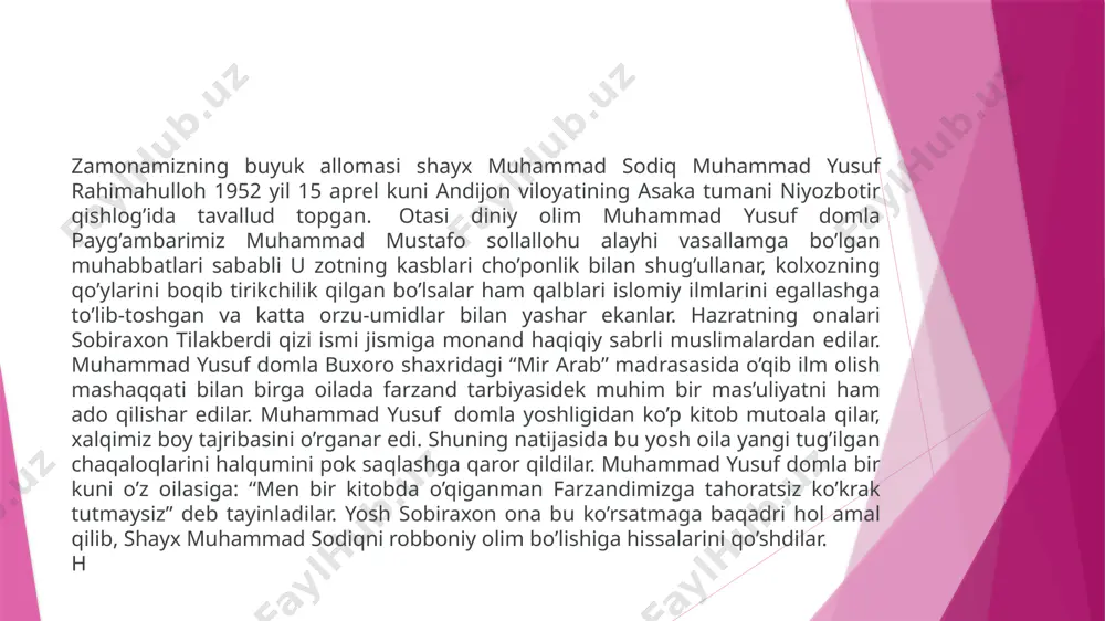 zand tarbiyasi, halol mehnat bilan kun kechirish, atrof-muhitga nisbatan oqilona munosabatda bo'lishga oid qarashlarni bayon qilganlar. shunday qilib, inson va uni tarbiyalash masalalari shayx hazratlari va boshqa allomalarimizning asarlarida insonning bilim olishi, hunar egallashi, undagi yuksak ma'naviy-ahloqiy sifatlarni ulug'lash va shunday fazilatlarga ega bo'lishga barchani chorlashdan iborat ekan. ma'naviy yuksak, zamonaviy ilm-fanni egallagan, ajdodlarimizning boy ma'naviy merosga sohib chiqqan avlodni hech qanday tashqi kuch, g'oya yoki mafkura aslo o'z ta'siriga tushira olmaydi. bunday avlodni voyaga etkazgan xalqning istiqboli porloq, kelajagi buyuk bo’ladi inshaalloh. hazratning hayotlari shu qadar ibratliki, u zot hech bir daqiqasini isrof qilmaganlar, umrlarini to'laligicha islomga bag'ishlaganlar, o'zlaridan ko'plab shogirdlar, olimlar, solih va soliha farzandlar qoldirib ketdilar. banda qachon allohga to'laligicha go'zal iymon-u taqvo bilan bo'yunsinib alloh yo'lida harakat qilsa ilm o'rgansa va ixlos bilan ibodat darajasida o'rgatsa alloh ham uning martabasini insonlar orasida shuncha yuqorilar ekan. qalbi na qadar sof bo'lgan insonni niyat va istaklari ham shu …