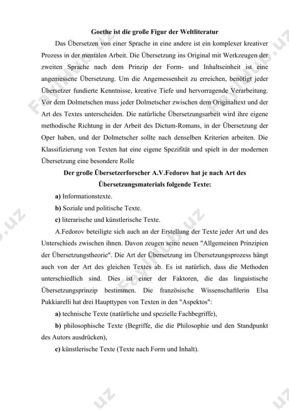 on texten und zu hohe anforderungen an die texte in einigen fällen zu schwierigkeiten beim schreiben der texte führen. dies führt zu einer schlechten übersetzungsqualität. daher ist es wichtig, dass jeder übersetzer vor der übersetzung die art des textes angibt, der zur vergleichenden bewertung der übersetzungsleistung herangezogen werden kann. der deutsche wissenschaftler otto kaade definiert die skala "textgenre", den inhalt und die richtung des textes als hauptkriterium im text. es gibt unterschiedliche ansichten darüber, wie texte in der übersetzung zu übersetzen sind, mit deutschen gelehrten r. yumpelt, dem amerikanischen wissenschaftler d. kasagrande, dem italienischen wissenschaftler beyedetto krore und dem französischen wissenschaftler j. münen. der frühere präsident der international translation federation, edmon kareen, spricht vom mangel an klaren lösungen zwischen dem linguisten und den literaturkritikern hinsichtlich der rolle der übersetzung beim übersetzen. seit jeher bewegen sich die menschen in richtung abgelegener orte. die großen hoffnungen werden mit diesen sternen verglichen. die …