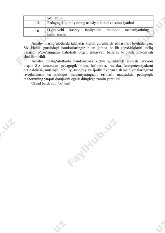 yuzasidan tadqiqotlar olib borish 🔹 barqaror rivojlanish maqsadlariga mos ta’lim-tarbiya jarayonini loyihalash, tashkil etish va o‘tkazish 🔹 jamoatchilik bilan ishlash va ijtimoiy tashabbuslarni qo‘llab-quvvatlash, tashviqot va targ‘ibot olib borish ✅ yangi talabi: o‘qituvchi o‘quvchilarda ekologik tafakkurni rivojlantirish, jamiyat va atrof-muhit uchun mas’uliyatni his qilishi uchun imkoniyat yaratishi kerak. 6. kasbiy va shaxsiy rivojlanish 🔹 o‘qituvchilar uchun muntazam treninglar va qayta tayyorlash kurslari tashkil etish va unda faol ishtirokini ta’minlash 🔹 ilmiy-tadqiqot ishlarini amalga oshirish 🔹 ta’limda kouching va mentorlik rolini kuchaytirish ✅ yangi talabi: o‘qituvchi butun umri davomida o‘z pedagogik mahoratini orttirish maqsadida o‘qib-o‘rganishi kerak. xulosa 3-renesans talablariga mos ravishda, o‘qituvchining pedagogik mahorati nafaqat bilim berish, balki ijodkorlik, innovatsion va axborot texnologiyalardan maqsadga muvofiq samarali foydalanish, fanlararo bog‘lanishlarni amalga oshirish, o‘quvchi shaxsiga yo‘naltirilgan ta’lim-tarbiya jarayonini loyihalash, o‘qitish shakllarini maqsadga muvofiq tashkil etish va o‘tkazish, ekologik mas’uliyatni o‘z ichiga olishi kerak. yangi avlod o‘qituvchisi – bu nafaqat pedagog, balki innovatsiyachi, ilhom …