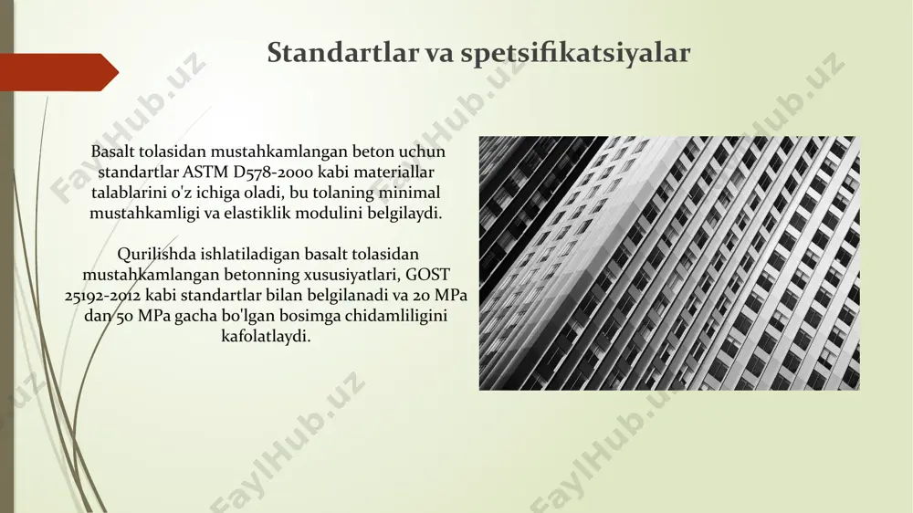 tez" rossiyadagi eng yirik korxonalardan biri bo'lib, yiliga 20 million tonnadan ortiq neftni qayta ishlash quvvatiga ega, bu mintaqa iqtisodiyotida katta ahamiyatga ega. kirish shahri leningrad viloyatida, volxov daryosining bo'yida joylashgan. 1931-yilda qurilgan "kirishstroy" davlat mintaqaviy elektr stansiyasi (gres) tufayli 59,120 aholiga ega bo'lgan sanoat markaziga aylandi. bazalt tolali betonning afzalliklari va kamchiliklari bazalt tolali betonning yuqori mustahkamligi 2.5-3 gpa kuchlanishga bardosh beradi, bu esa temir-betonga nisbatan yengilroq dizayn yaratish imkonini beradi. shuningdek, korroziyaga chidamliligi ham afzallik hisoblanadi. bazalt tolali betonning issiqlik o'tkazuvchanligi 0.8-1.4 w/mk ni tashkil etadi, bu oddiy betonga nisbatan pastroq. biroq, namlikni yutish darajasi yuqori bo'lishi mumkin, bu esa mustahkamlikka salbiy ta'sir ko'rsatishi mumkin. e'tiboringiz uchun rahmat @taqdimot_robot image1.jpg image2.jpg image3.jpg image4.jpg image5.jpg image6.jpg image7.jpg image8.jpg image9.jpg image10.jpg image11.jpg image12.jpg