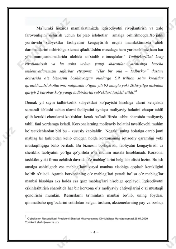 g'larining qiymatiga, ularning jami kapital tarkibidagi salmog'iga, majburiyatlarga bilan nisbatdagi chegaralariga muhim ahamiyat qaratiladi. xususiy kapital tushunchalariga ta'riflar o'zbekiston respublikasi moliya vazirligi tomonidan tasdiqlangan “moliyaviy hisobotni tayyorlash va taqdim etish uchun kontseptual asos”da hamda “hisob siyosati va moliyaviy hisobot”da keltirilgan"[footnoteref:3] . xususiy kapital (sarmoya) - sub'ektning majburiyatlarni chegirib tashlagandan keyingi aktivlaridir. sub'ekt majburiyatlari - sub'ekt (qarzdorning) boshqa sub'ekt (kreditor) foydasiga muayyan ishni amalga oshirish, masalan, mol-mulkni topshirish, ishni bajarish, pul to'lash va boshqa majburiyatlaridir yoxud muayyan xatti-harakatdan tiyilib turish majburiyatidir, kreditor esa qarzdordan o'z majburiyatlarini bajarishini talab qilishga haqlidir. [3: 1998 yil 26 iyulda 17-07/86-son bilan tasdiqlangan "moliyaviy hisobotni tayyorlash va taqdim etish uchun konseptual asos " hamda "hisob siyosati va moliyaviy hisobot "da o`zbekiston respublikasi moliya vazirligi 1998 yil 26 iyulda 17-07/85-son bilan tasdiqlangan o`zbekiston respublikasi buxgalteriya hiosbi milliy standarti (1-son bhms)] aktivlar - sub'ekt nazorat qiladigan, kelgusida ulardan daromad olish maqsadida avvalgi faoliyat natijasida olingan iqtisodiy resurslardir. demak …