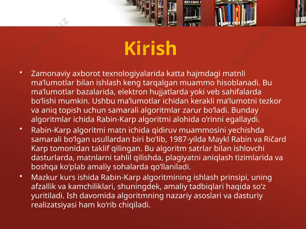 mantiqqa ega bo‘lib, dasturiy ta’minotlarda osongina implementatsiya qilinadi. xesh-funksiyalarning to‘g‘ri tanlanishi natijani yanada tez va aniq qilishga yordam beradi. shunday qilib, rabin-karp algoritmi matnni izlash sohasida dolzarb, nazariy va amaliy ahamiyatga ega algoritmlardan biridir. bu rasm rabin‑karp algoritmining xesh‑sliding oynasi va substringlarni taqqoslash principini grafik tarzda ifodalaydi. 2.2. matn ichida qidirish masalasi va uning amaliy qo’llanilishi matn ichida qidiruv muammosi informatika va dasturlashning eng muhim yo‘nalishlaridan biri bo‘lib, uning asosiy vazifasi berilgan uzun matnda ma’lum bir kichik namunani topishdir. bu masala hayotning turli sohalarida, ayniqsa elektron hujjatlar, veb sahifalar va dasturiy ta’minotlarda keng qo‘llaniladi. qidiruv masalasi shunchaki belgilar ketma-ketligini izlashdan iborat bo‘lsa-da, katta hajmdagi matnlar bilan ishlaganda samaradorlik muhim bo‘ladi. shu bois, zamonaviy izlash algoritmlari, xususan rabin-karp algoritmi keng qo‘llaniladi. bu algoritm xesh-funksiyalar orqali matndan substringlarni izlaydi, natijada ancha tezroq ishlaydi. masalan, qidiruv tizimlari (google, bing), plagiat aniqlash platformalari, antivirus dasturlari, dnk tahlillari va matnni avtomatik tahrirlovchi dasturlar matn qidiruv …