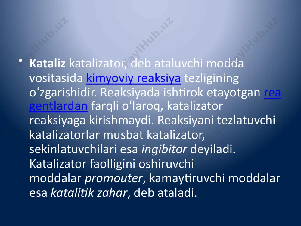 ashtirish darajasiga bogʻliq. bu jarayonning asosiy kamchiligi mahsulot tarkibidan katalizatorni ajratib olish (tozalash) zarur boʻladi. geterogen k.da katalizator sifatida qattiq moddalar ishlatiladi. ularning sharsimon, granulasimon, spiralsimon va b. turlari maʼlum. shuningdek, bu katalizatorlar tarkibiga koʻra, bir, ikki yoki koʻp komponentli, holatiga qarab oksidsimon, metallsimon boʻladi. geterogen k. baʼzan kontakt k. deb ham ataladi. bu jarayon nihoyasida mahsulotdan (suyuq yoki fazadagi) katalizator oson ajratib olinadi. shu sababli geterogen k. sanoatda keng qoʻllaniladi. mikrogeterogen k.da reaksiya suyuq fazada boradi, katalizator sifatida kolloid zarrachalar ishtirok etadi. fermentativ k. oʻsimlik yoki hayvon toʻqimalarida sodir boʻladi, bu reaksiyada katalizator sifatida kolloid holdagi oqsil zarrachalari — fermentlar xizmat qiladi. baʼzi moddalar kimyoviy reaksiya tezligini susaytiradi yoki toʻxtatadi. bunday moddalar antikatalizator yoki ingibitorlar deb ataladi. bu holatni manfiy k. deyiladi. sanoatda, asosan, musbat k. katta ahamiyatga ega. katalizator qoʻllanganga bir vaqtda borishi mumkin boʻlgan parallel reaksiyalardan faqat birining tezligi ortadi. boshqalari esa toʻxtaydi (selektiv k.). mas:[ad]sn2—sn2[pd] [si]k. …