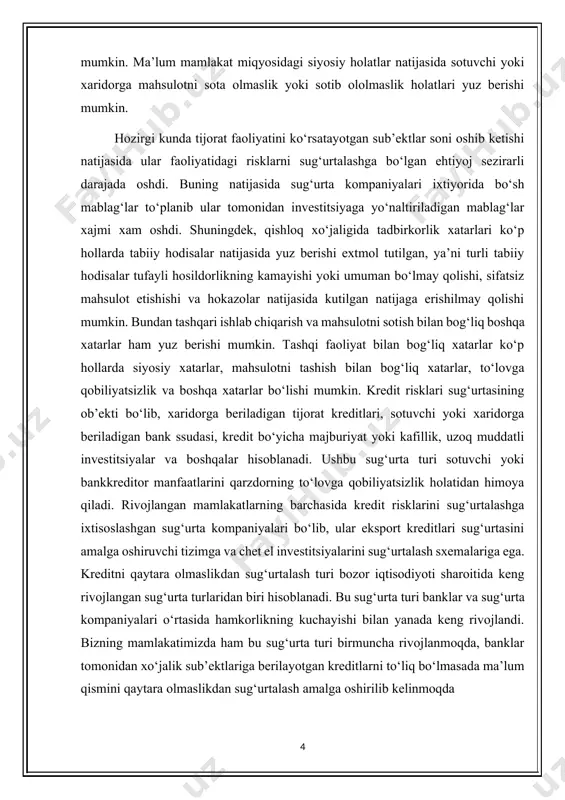 sotuvchi yoki bankkreditor manfaatlarini qarzdorning to‘lovga qobiliyatsizlik holatidan himoya qiladi. rivojlangan mamlakatlarning barchasida kredit risklarini sug‘urtalashga ixtisoslashgan sug‘urta kompaniyalari bo‘lib, ular eksport kreditlari sug‘urtasini amalga oshiruvchi tizimga va chet el investitsiyalarini sug‘urtalash sxemalariga ega. kreditni qaytara olmaslikdan sug‘urtalash turi bozor iqtisodiyoti sharoitida keng rivojlangan sug‘urta turlaridan biri hisoblanadi. bu sug‘urta turi banklar va sug‘urta kompaniyalari o‘rtasida hamkorlikning kuchayishi bilan yanada keng rivojlandi. bizning mamlakatimizda ham bu sug‘urta turi birmuncha rivojlanmoqda, banklar tomonidan xo‘jalik sub’ektlariga berilayotgan kreditlarni to‘liq bo‘lmasada ma’lum qismini qaytara olmaslikdan sug‘urtalash amalga oshirilib kelinmoqda tadbirkorlik faoliyatining asosiy maqsadi foyda olishdir. shuning uchun ushbu foydani ololmaslikdan sug‘urtalash muhim hisoblanadi. foydani ololmaslikning sabablarini ikki guruhga bo‘lish mumkin: 1) stixiyali hodisalar tufayli ishlab chiqarish jarayonining buzilishi; 2) bozor kon’yunkturasining o‘zgarishi. tadbirkorlik sohasida faoliyat yurituvchi xo‘jalik sub’ektlari quyidagi uchta soha bo‘yicha faoliyat yuritadilar: ishlab chiqarish sohasi xizmat ko‘rsatish sohasi ishlarni bajarish sohasi tadbirkorlik sohasi: inson yashashi uchun moddiy va nomoddiy ne’matlar yaratadi; …