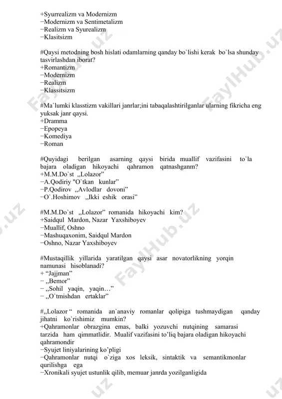 chli hayajon −yo`qlik −an’ana #qaysi ijodkorning badiiy shakl sohasidagi novatorligi shundaki, sheriyatimizga ijroviy lirika personajli lirika kabi ko`rinishlarni olib kirgan. +cho`lpon −sh. raxmon −hamza −a.suyun #mumtoz adabiyotimizdagi an`anaviy poetik obrazlar qaysi? +yor, oshiq, visol −ma`rifatparvar shaxs −talantli ijodkor −lirik qahramon #traditsion janrlarda yangi asarlar yaratish kimlar ijodida uchraydi? +g`.g`ulom, m.shayxzoda. −oybek, a.qodiriy −a.muxtor, oybek −h.olimjon, g`.g`ulom #asqad muxtorning ,,chinor romanining novatorligi nimada? +shavqatsiz reallizmning olib kirganligida −ilk roman janrini olib kiganligida −hikoyachi asosan bosh qahramon bo`lganligida −mualif fikri ham qo`llanganligida #mumtoz adabiyoti an`analari bag`rida yetishsada, she’riyatga qator yangiliklar kiritgan ijodkor? +cho`lpon −a.qodiriy −fitrat −usmon nosir #she’riyatga ijroviy -personajlik lirikani kim kiritgan? +cho`lpon −a.qodiriy −fitrat −usmon nosir #qaysi asarda yonidagi hujjatini yo`qotib qo`ygani uchun o`zga yurtda g`aroyib uqubatlarni boshidan kechirgan yigitning sevgi qissasi bayon qilingan? +,,mashaqqatlar girdobi” − ,,armon asirasi” − ,,bozor” − ,,ovoraning ko`z yoshlari” #cho`lpon ijodida novatorlik nimadan iborat edi? +sarrbast va barmoq imkoniyatlaridan keng foydalandi −shavqatsiz realizmni olib …
