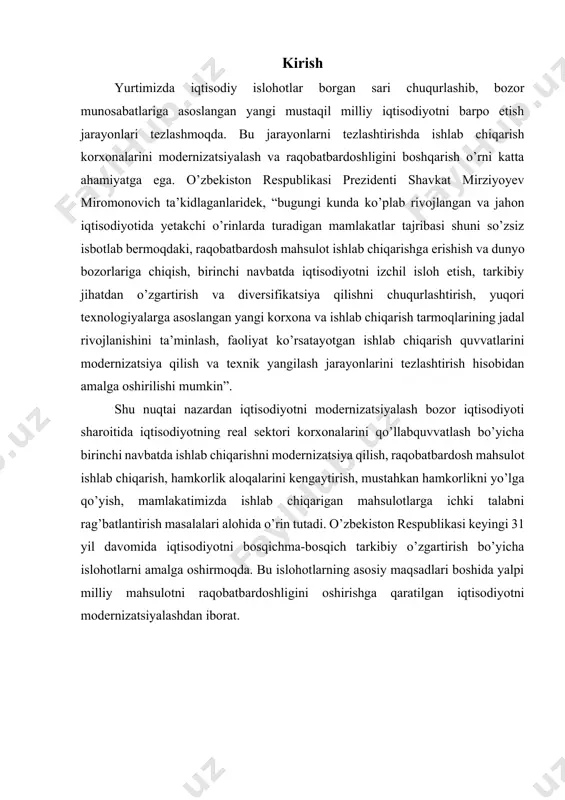 gi 31 yil davomida iqtisodiyotni bosqichma-bosqich tarkibiy o’zgartirish bo’yicha islohotlarni amalga oshirmoqda. bu islohotlarning asosiy maqsadlari boshida yalpi milliy mahsulotni raqobatbardoshligini oshirishga qaratilgan iqtisodiyotni modernizatsiyalashdan iborat. 1.korxonalar iqtisodiy salohiyatining ta’sir birliklari va samaradorligi korxonaning iqtisodiy salohiyati deganda unda sodir etiladigan iqtisodiy jarayonni to’liq ta’minlaydigan barcha moddiy va mehnat resurslari hamda nomoddiy aktivlar tushuniladi. korxonaning iqtisodiy salohiyati tahlili uning mulki, zaxiralari va xarajatlarini har tomonlama o’rganishdir. iqtisodiy salohiyatni buxgalteriya balansiga nisbatan‚ aktivlarga nisbatan ishlatiladigan tushuncha deb qarash mumkin. korxona iqtisodiy salohiyati tahlili buxgalteriya balansi aktivlarini jamlangan qatori va ular bo’yicha o’zgarishlarni baholash orqali amalga oshiriladi. uning tarkibiy qismlariga uzoq muddatli va joriy aktivlar kiradi. joriy aktivlar o’z navbatida tovar-moddiy zaxiralar, debitorlik majburiyatlari va pul mablag’laridan iborat bo’ladi. iqtisodiy salohiyatni o’stirishga juda ko’p omillar ta’sir etadi. ularni shartli ravishda quyidagicha guruhlarga ajratish mumkin korxonalar iqtisodiy salohiyatining ta’sir birliklari va samaradorligi iqtisodiy salohiyatning ta’sir birliklar ta’sir birliklar samaradorligi mehnat salohiyati mehnat unumdorligi, kadrlar …