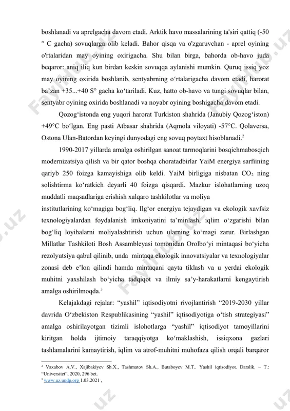 'lsa, janubda yozda poliz ekinlari pishib, paxta o'sadi. qozogʻistonning iqlimi (janubdan tashqari) keskin kontinental boʻlib, oʻrtacha harorat yanvarda -4°c dan -19°c gacha, iyulda +19...+26°c gacha. qishda harorat -45 ° c gacha tushib, yozda + 30 ° c gacha ko'tarilishi mumkin. qozogʻiston hududida toʻrt fasl ham yaqqol namoyon boʻladi - qishi ayozli, bahori gullab-yashnashi, yozi issiq va sovuq kuzi. sovuq qish noyabrda boshlanadi va aprelgacha davom etadi. arktik havo massalarining ta'siri qattiq (-50 ° c gacha) sovuqlarga olib keladi. bahor qisqa va o'zgaruvchan - aprel oyining o'rtalaridan may oyining oxirigacha. shu bilan birga, bahorda ob-havo juda beqaror: aniq iliq kun birdan keskin sovuqqa aylanishi mumkin. quruq issiq yoz may oyining oxirida boshlanib, sentyabrning oʻrtalarigacha davom etadi, harorat baʼzan +35...+40 s° gacha koʻtariladi. kuz, hatto ob-havo va tungi sovuqlar bilan, sentyabr oyining oxirida boshlanadi va noyabr oyining boshigacha davom etadi. qozogʻistonda eng yuqori harorat turkiston shahrida (janubiy qozogʻiston) +49°c boʻlgan. eng pasti …