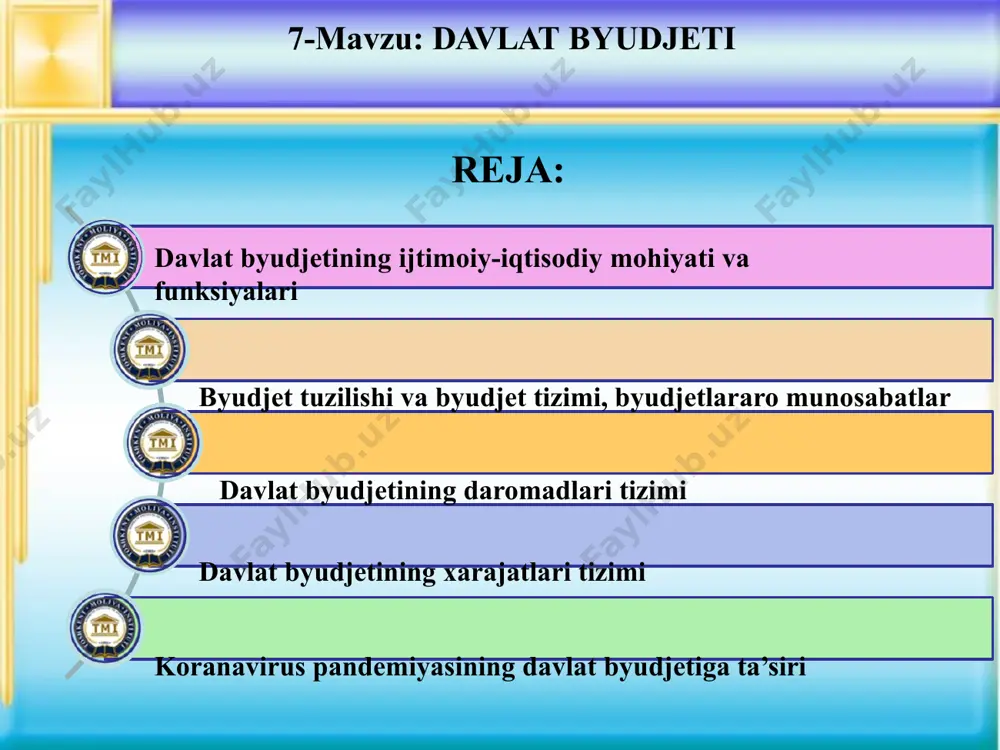 i qondirish zaruriyati tufayli qayta taqsimlanadi yaim qiymatini qayta taqsimlash funksiyasi mablag‘larning byudjetga kelib tushishi, byudjet ajratmalarining ishlatilishi, byudjet intizomiga rioya qilinishi, byudjetdan mablag‘ oluvchilarning xo‘jalik moliyaviy faoliyati nazorat qilinadi nazorat funksiyasi davlat byudjetining funksiyalari byudjet tuzilishi va byudjet tizimi, byudjetlararo munosabatlar konfederativ davlat unitar davlat federativ davlat ma’lum siyosiy mustaqillikka ega bo’lgan davlatlar ittifoqi davlat hududida federativ birliklar bo’lmagan, lekin ma’muriy-hududiy birliklari mavjud bo’lgandavlat tuzilishi bir necha davlat tuzilmalari birlashib, yagona ittifoq davlatini tashkil qiluvchi davlat tuzilishi davlat tuzilishi shakllari byudjet tizimi keng ma’noda byudjet tizimi – iqtisodiy munosabatlarga asoslangan, davlat tuzilishi shakliga mos ravishda tuzilgan, huquq normalari bilan tartibga solinadigan markaziy va mahalliy byudjetlar shuningdek, har bir byudjet bo‘g‘iniga tegishli bo‘lgan soliq va yig‘imlar markaziy va mahalliy hokimiyatlarning xarajat vakolatlari taqsimoti hamda byudjetlararo transfertlar yig‘indisidan iboratdir. tor ma’noda byudjet tizimi mamlakat ma’muniy-hududiy tuzilishiga mos ravishda shakllangan va yagona byudjet tizimiga kiruvchi barcha darajadagi byudjetlar yig‘indisidan iborat. o‘zbekiston respublikasi …