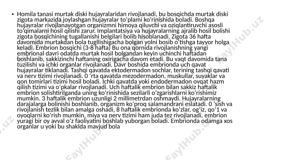 rligi 1984,5 grammdan 2268 grammgacha o‘lchamlari kattalashib borishini ko‘rish mumkin. 1. tuxumdon va urug‘don differensiatsiyasi. 2. qon tomir tizimining faoliyati. 3. homila harakatining onaga sezilishi. 4. homila boshida soch qoplanishining hosil bolishi. 5. solish va yutish faoliyati. 6. bosh miyaning maxsus faoliyati. 7. homilaning hayotchan davri. 8. oglrligini tezda ko‘paytirib olishi. 9. tug‘ruq. bu davrda organizm uchun muhim bolgan nerv, nafas olish va ovqat hazm qilish kabi organlarning shakllanishi tugallanadi. bu davrning eng muhim hodisalari quyidagilardan iborat. uruglanishdan 5—6 oydan so‘ng homilaning qoshlari, kipriklari va sochlari paydo boladi. embrional davrning oxiriga borib, erkak embrionda urug‘don, qiz embrionda tuxumdonlar rivojlanadi. uchinchi oyda urug‘donda tashqi jinsiy belgilar rivojlanishiga ta’sir ko‘rsatuvchi garmonlar sintez qilishni boshlaydi: qiz embrionda bu garmon sintezlanmaydi va o‘xshash hujayralardan jinsiy organlar hosil bolad 4-haftada hujayralar qavati naysimon bolib o‘raladi. nayning bir uchi kengayib, undan bosh miya hosil boladi, qolgan qismidan orqa miya shakllanadi. homila bosqichi boshlanishiga kelib, bosh miya …