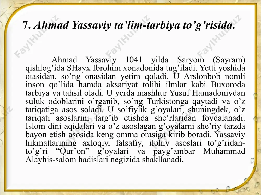 harakat qilganlar. shu bilan birga, tadqiqotchilar yassaviya ta’limoti g’oyalariga ko’ra zolim hukmdor, nopok din peshvolari, nodon va johil kishilarga nisbatan muxolifot mavjudligi ta’kidlanganligidan guvohlik beradilar. xiv asrning boshlariga kelib, movarounnahrda so’fiylikning yana bir oqimi naqshbandiya tariqati shakllandi. naqshbandiya ta’limoti o’zining hayotiy g’oyalari bilan boshqa tariqatlardan tubdan ajralib turadi. naqshbandiya tariqatining “ildizi” uzoq davrlar, ya’ni, sharq uyg’onish davriga borib taqaladi. markaziy osiyoda ikki buyuk olim- abulqosim ali al-xoroqoniy (1034 yilda 80 yoshida vafot etgan) hamda abu ali al-farmadiy (1084 yilda vafot etgan)larning so’fiylik ta’limoti rivojida katta hissalari bor ekanligini ta’kidlaydi. tasavvuf olamining mashhur faylasuflari ahmad al-g’azzoliy va yusuf hamadoniylar (1049-1140 yillar) abu ali al-farmadiyning shogirdlari sanaladilar. xoja hasan andoqiy, xoja abdulloh barraqiy (barkiy), xoja ahmad yassaviy va xoja abdulholiq g’ijduvoniy tasavvuf ilmi bo’yicha yusuf hamadoniy qo’lida chuqur ta’lim olgan to’rt mashhur shayxlar sanaladilar. image1.jpeg image2.png image3.jpeg image4.jpeg image5.jpeg image6.png image7.jpeg image8.jpeg image9.jpeg image10.jpeg image11.jpeg image12.jpeg image13.jpeg image14.jpeg image15.png image16.jpeg