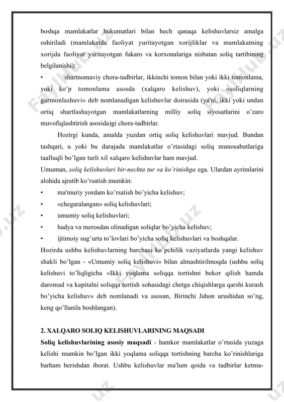 dan ko’proq foydalaniladi. bu holatni xattoki, ichki soliqqa tortish tizimida ko’proq «ozod qilish» usulidan foydalanadigan mamlakatlarda ham kuzatish mumkin. buning asosiy sabablaridan biri - «soliq krediti» usulida soliqlarni to’lashda xalqaro chetga chiqish imkoniyatlarining ancha pastligidir. uchinchi bosqichda, hamkor mamlakatlarda soliqqa tortiladigan daromadlarni turlicha aniqlash sababli kelib chiqadigan ikki yoqlama soliqqa tortishga barham beriladi. bunday ikki yoqlama soliqqa tortish, odatda, soliq organlarining o’z vakolatlari doirasida soliqlarni undirish uchun soliq to’lovchilar daromadlarini qayta taqsimlash bo’yicha harakatlaridan kelib chiqadi. aksariyat mamlakatlarda soliq organlariga bunday huquq ichki qonunchilikda ko’zda tutilgan bo’lib, tadbirkorlik daromadlari, foiz va royalti to’g’risidagi kelishuv moddalari bilan tasdiqlanadi. masalan, 1977 yilda qabul qilingan dcrt shakliy konventsiyasining tadbirkorlik daromadlari to’g’risidagi moddalariga binoan, «doimiy faoliyat yurituvchi tashkilot»ning foydasi soliq ma'muriyati tomonidan xuddi shunday faoliyat turi bilan shug’ullanuvchi korxona, tashkilotning foydasi kabi hisob-kitob qilinishi mumkin; foiz va royalti haqidagi moddada esa, kreditor va qarzdor o’rtasidagi alohida kelishuvlar natijasida kelib chiqadigan o’zgarishlarga barham berish to’g’risida …