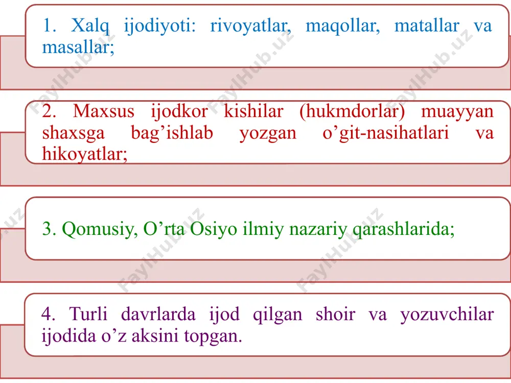 di. kuzatuvchanlik, bilimga intilish kuchli bo’ladi. 4. to’rt yoshdan bola mustaqillikka intila boshlaydi. ovqatlanish, kiyinish vujudga keladi. xotira, diqqat, iroda, idrok o’sadi, tafakkur qila boshlaydi. 5. besh yoshdan bolaning ruhiy xususiyati, jarayon va holatlari o’sib kelayotganligi (diqqat, iroda, idrok, xotira, tafakkur) sababli o’z xulq-atvorini idora qilish, bilimlarni egallash malakasini shakllantirish maqsadga muvofiq. 6. bola olti yoshga to’lganda o’sish tezlashib, u ko’proq bo’yiga o’sadi, kiyim tanlashga e’tibor beradi, ishchanlik qobiliyati o’sadi. ish qurollaridan foydalanish uquvi paydo bo’ladi. javobgarlik hissi paydo bo’ladi. bu yoshda nutq jadal suratlar bilan o’sib so’z boyligi 2500 ga yetadi. gap tuzish, suhbat qurishni uddasidan chiqadi, til qoidalarini bilmasdan unga amal qiladi. 7. yetti - o’n yosh oralig’ida ancha og’ir, tartib o’sish jadalashadi. bu asosan yangi davr maktab hayoti boshlanishi bilan bog’liq, oila tarbiyasi maktab tarbiyasiga zid bo’lib qolmasligi kerak. ota-ona, o’qituvchilar bilan suhbatlashib, bolaning uydagi va maktabdagi qat’iy harakatlarini taqqoslab turishlari, biror-bir ziddiyat paydo bo’lsa, tezda bartaraf …