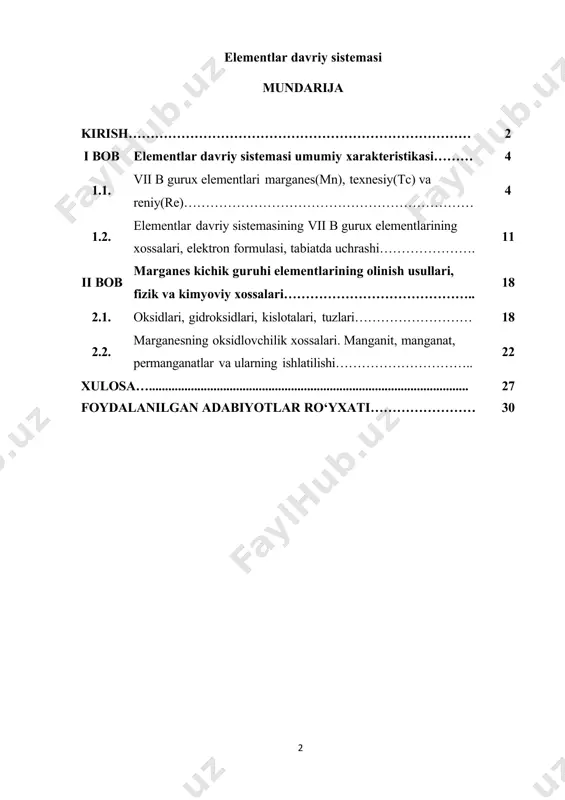 qonun va atom tuzilish nazariyasi hisoblanadi. chunki anorganik kimyo kursining materiallari davriy qonuni va atom tuzilish nazariyasi asosida o‗rganiladi. shu sababdan ham keyingi bosqichlarda kimyo fanidan chuqur bilim olishda davriy qonun va elementlar davriy sistemalari mavzularini o‗zlashtirganlik muhim hisoblanadi. mavzuning dolzarbligi. marganes nafaqat o‗simliklarning normal hayoti uchun zarur, balki ularning tuproq bilan oziqlanishi uchun sharoit yaratishda ham ishtirok etadi, bu esa uni haligacha agrokimyo, ekologiya, tuproqshunoslik va biogeokimyoning tadqiqot obyektiga aylantiradi. element yuqori oksidlanish- qaytarilish potentciali bilan ajralib turadi. buning natijasida o‗simlik hujayralarida zarur oksidlanish-qaytarilish sharoitlarini saqlashda o‗ziga xos rol o‗ynaydi. u ko‗plab fermentlar, xlorofillning bir qismidir va ularning shakllanishini faollashtiradi. marganes fotosintez, nafas olish, azot, yordamchi va nuklein kislotalar almashinuvi jarayonlarida faol ishtirok etadi. marganesning turli fiziologik va biokimyoviy jarayonlardagi faolligi nafaqat uning o‗simlikdagi miqdori, balki boshqa kimyoviy elementlar, shu jumladan og‗ir metallardagi (hm) nisbati bilan ham belgilanadi. samarali kontcentratciyalar oralig‗ida, ya‘ni, haligacha hosilning pasayishiga olib kelmaydigan maksimal kontcentratciyalar …