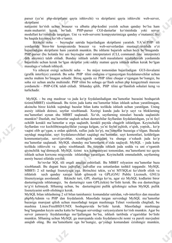 ish lozimki, rnr – serverda; javascript – klient tomonda bajariladi. rnrda yozilgan kod serverning o‘zida bajarilib, klientga html shaklida etib boradi. bu havfsizlik jahatdan ancha maqsadga muvofiq. javascript yordamida kod yozish, ma’lumot uzatish va qabul qilishni biroz tezlashtirsa-da, kodni klient ko‘rish imkoniyatiga ega bo‘ladi. baribir har ikkisini boshqasi bosa olmaydigan o‘z o‘rni bor, ravshanki bu o‘rin rnrda muhimroq va kattaroq. php imkoniyatlari php turli xil sistemalarda ishlay oladi. u sistema windows, unixning ko‘plab versiyalari, shuningdek linux va xatto macintosh bo‘lishi mumkin. php ko‘plab tarmoq serverlarida, xususan apache, microsoft internet information server, web site pro, iplanet web server va microsoft personal web server - larda ishlashi mumkin. agar o‘zimiz tuzgan dasturlarimizni windows tizimida tekshirishni xoxlasak oxirgi sanab o‘tilgan serverdan foydalanishimiz mumkin, xatto apache serveri windows sistemasi boshqaruvida ishlasa kam. php tilini yaratishda ma’lumotlar bazasi bilan bog‘lanish talablarini aloxida e’tiborga olingan. ko‘plab ma’lumotlar bazalarini php da o‘qish mumkin. masalan bularga adabas d, …