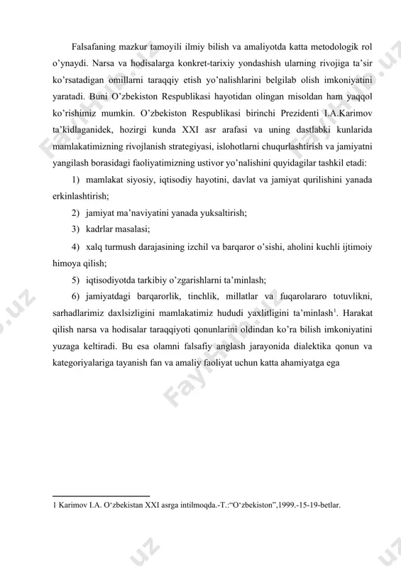 istan xxi asrga intilmoqda.-t.:“o‘zbekiston”,1999.-15-19-betlar. ] 8 ekanligidan dalolat beradi. qonun — muayyan shart-sharoitda voqealar rivojining xususiyati va yo’nalishini belgilaydigan, ma’lum bir qat’iy natijani taqozo etadigan ob’ektiv dunyodagi narsa va hodisalarning muhim, zaruriy, umumiy, nisbiy barqaror munosabatlaridir. dialektika qonunlari turkumiga quyidagilar kiradi: miqdor o’zgarishlarining sifat o’zgarishlariga o’tish qonuni; qarama-qarshiliklar birligi va kurash qonuni; inkorni inkor qonuni. mazkur qonunlarning mazmun-mohiyatini mukammal o’zlashtirib olish olamni falsafiy anglashning muhim sharti hisoblanadi. 2.falsafaning asosiy qonunlari qarama-qarshiliklar birligi va kurashi qonuni. qarama-qarshiliklar birligi va kurashi qonuniga muvofiq har bir narsa bir-biri bilan uzviy aloqada bo’lgan va biri ikkinchisini istisno etuvchi qarama-qarshi tomon va kuchlarga ega bo’lib, ular o’rtasidagi kurash natijasida eskining yo’qolishi va yangining paydo bo’lishi yuzaga keladi. ma’lumki, narsalar turli-tumandir. hamma tomonlari bilan aynan o’xshash bo’lgan ikki narsaning o’zi yo’q. narsalarning tafovut darajasi ham bir xil emas: muhim va nomuhim tafovutlar mavjud. narsa va hodisalardagi tafovutlar qarama-qarshiliklar asosini tashkil etadi. qarama-qarshiliklar deb shunga aytiladiki, tabiatdagi …