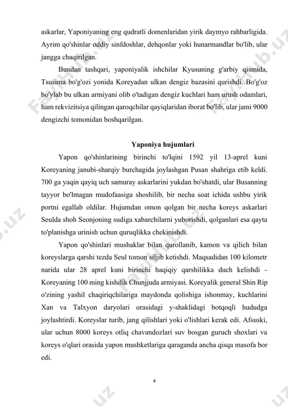 o qilishdi. general shin va boshqa zobitlar xan daryosiga cho'kib o'z joniga qasd qildilar. qirol seonjo o'z qo'shini yo'q qilinganligini va yurxen urushlarining qahramoni general shin rip vafot etganini eshitib, sudini yig'ib, shimolga qochib ketdi. uning shohi ularni tashlab ketganidan g'azablanib, uning parvoz yo'lidagi odamlar shoh partiyasidagi barcha otlarni o'g'irlashdi. seonjo, yalu daryosi bo'yidagi uiju shahriga etib borguncha to'xtamadi, hozirgi shimoliy koreya va xitoy chegarasi. ular pusanga tushganlaridan atigi uch hafta o'tgach, yaponlar koreyaning poytaxti seulni (o'sha payt xansong deb nomlangan) egallab olishdi. bu koreya uchun dahshatli lahza edi. admiral yi va toshbaqa kemasi koreyaning seonjo va armiya qo'mondonlaridan farqli o'laroq, koreyaning janubi-g'arbiy qirg'og'ini himoya qilish uchun mas'ul bo'lgan admiral yaponiya bosqini xavfini jiddiy qabul qilib, bunga tayyorlana boshlagan. cholla viloyatining chap dengiz floti qo'mondoni, admiral yi sun-shin oldingi ikki yil davomida koreyaning dengiz kuchlarini kuchaytirishga sarflagan. u hatto ilgari ma'lum bo'lgan narsalardan farqli o'laroq yangi turdagi kema ixtiro qildi. …