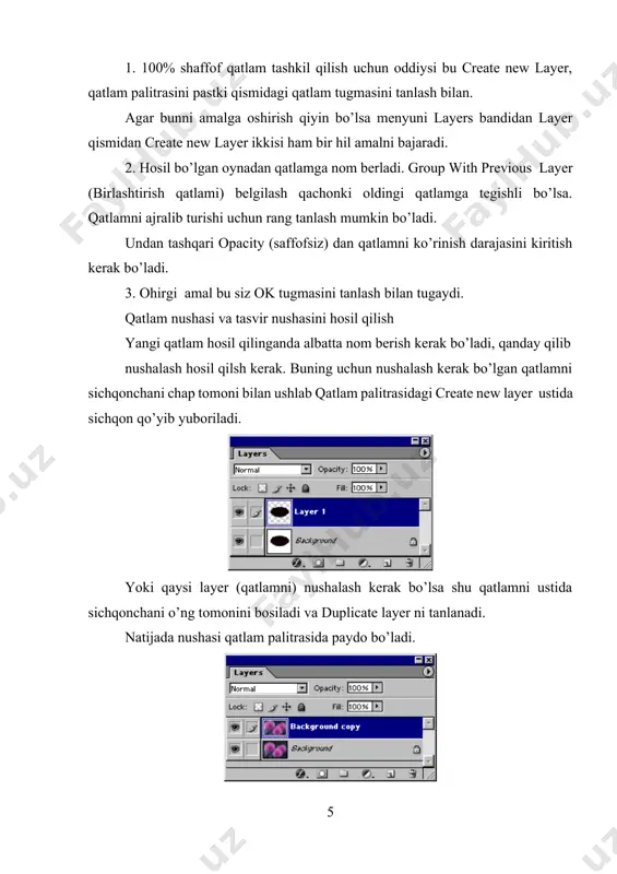 uqta bo’yicha harakatga keladi. 6. perspective buyrug’ ham sizga tanish, bu buyruq bajariganda tasvir perspiktiv ravishda suriladi. 7. o’zgartirish kiritib bo’lingandan keyin enter tugmasi bosiladi, yoki bekor qilish uchun esc tugmasi bosiladi. yoki edit> undo buyrug’ menyudan tanlanadi. qatlamni ihtiyoriy o’zgartirish o’zgartirish bo’yicha buyruqlar bilan tanishsiz, free transform (ihiyoriy o’zgartirish) buyrug’i bilan ishlash imkoniyati ham mavjud. bu buyruqni imkoniyati shundaki haqiqiy ko’ginishin buzmagan holda o’zgartirish mumkin. 1. qatlam palitrasida qatlamni tanlab, siz o’zgartishni hohlagan qatlamni. o’z hohishingizga ko’ra o’zgartirasiz. o’zgartirish kerak bo’lganni belgilaysi va o’zgartirish shu qatlamda bajariladi. 2. edit > free transfrom buyrug’ni tanlang yoki “ctrl+t” tugmasini tanglang. qurollar paneli yordamchisida show bounding layer ham o’zgartirish yordam beradi, qachonki aktiv qilingan bo’lsa. 3. o’zgartirib bo’lingandan kegin enter tugmasi bosiladi,inkor qilish uchun esc tumasini bosilaladi. qatlamni o’lchamlarini aniq sonlar asosida o’zgartirish bu bo’lakdan maqsad qatlamni o’zgartirishni aniq sonlar asosida ishlashga to’g’ri kelganda ishlatiladi. bu qurollar paneli yordamchisida o’zgartirish kiritiladi. ihtiyoriy …