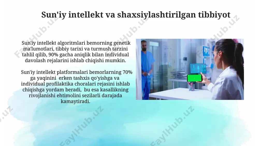 a kamaytirishga yordam beradigan prognozlash va resurslarni boshqarishda ai texnologiyalarining qo'llanilishi. sun'iy intellekt yordamida bemorlarning navbatini optimallashtirish, kutish vaqatini 30% ga qisqartirish orqali sog'liqni saqlash tizimining samaradorligini oshiradi. sun'iy intellektning tibbiyotdagi qo'llanilishi sun'iy neyron tarmoqlari 5000 dan ziyod gen ma'lumotlarini tahlil qilib, shaxsiylashtirilgan saraton terapiyasi uchun optimal davolash usullarini aniqlashga yordam beradi. ai algoritmlari bemorlarning elektron tibbiyot kartalarini tahlil qilib, kasallikning oldini olish va 20% ga yaqin prognoz xatolarini kamaytirishga yordam beradi. sun'iy intellektning tibbiyotdagi muammolari va cheklashlari tibbiy ma'lumotlarning maxfiyligi va shaxsiy ma'lumotlarni himoya qilish qonunchiligi bilan bog'liq muammolar, ai texnologiyalarining qo'llanilishini cheklaydi va gdpr kabi qoidalarga rioya qilishni talab qiladi. ai tizimlarining "qora quti" muammosi – qaror qabul qilish jarayonining shaffof emasligi, shifokorlarning ishonchini kamaytiradi va tashxisning ishonchliligi darajasini pasaytiradi. genetika va genomika sohasida sun'iy intellekt gen terapiyasi samarasini bashorat qilish uchun mashinani o'rgatish modellari 90% aniqlik bilan bemorlarning individual javobini oldindan aytish imkonini beradi. ai algoritmlari genom …