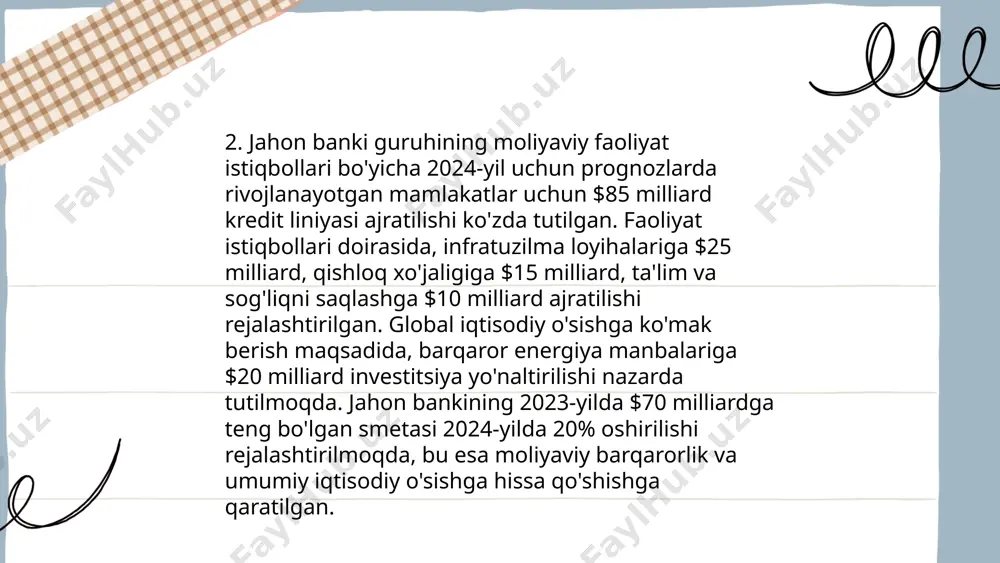 iy maqsadlari ichida xususiy sektorni rivojlantirish va turli bozor iqtisodiyotlariga o'tishni rag'batlantirish mavjud. 2022 yil yakunlariga ko'ra, ebrd 38 mamlakatda umumiy qiymati 11 milliard yevrodan ortiq loyihalarni moliyalashtirgan. bank energiya samaradorligini oshirish, infratuzilmani rivojlantirish va kichik hamda o‘rta korxonalarni qo‘llab-quvvatlashni maqsad qilgan. yashil iqtisodiyotga o'tish uchun kiritilgan investitsiyalar ebrdning umumiy investitsiyalarining 40% ni tashkil etdi. bu jarayonlar orqali ebrd yevropa va markaziy osiyodagi mamlakatlarning barqaror va inklyuziv o'sishiga hissa qo'shadi. valyuta-moliya sohasidagi davlatlararo tashkilotlar faoliyatining rivojlanishi. xolmurotov behruz e'tiboringiz uchun raxmat! image1.png image2.png image3.png image4.jpg image5.png image6.jpg image7.png /docprops/thumbnail.jpeg