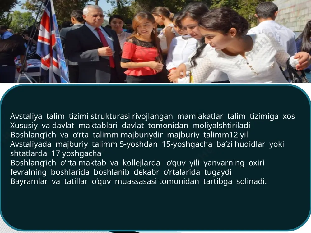 nktli oily talim (bazaviy oily talim) higher education ---- to’liq oily talim master degre ---- aspirantura oily talim muassasalari avstraliyaning barcha qonun- qoida, talablariga javob bera oladi. 2011-yil malumotlariga qaraganda avstraliyada 41ta universitet mavjud. bulardan 37 tasi hukumatniki 2tasi xususiy 2 tasi xorijiy universitetlar fakulteti. image1.jpeg image2.png image3.png image4.jpeg image5.jpeg image6.jpeg /docprops/thumbnail.jpeg