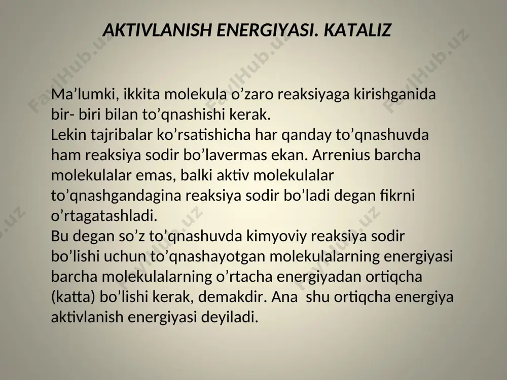 ularning reaksiyaga kirishishi xususiyati va to’qnashgandagi bir-biriga tegib turish muddati o’zgarishi mumkin. bularning hammasi reaksiya tezligining o’zgarishiga olib keladi. sanoatda gamogen kataliz bilan bir qatorda geterogen katalizda ham ken ko’lamda foydalaniladi. getrogen kataliz reaksiyaga kirishuvchi moddalar bilan katalizator turli agregat hollrda bo’ladigan reaksiyalar geterogen deyiladi. amalda uchraydigan geterogen katalizning ko’pida katalizatorlar qattiq modda reaksiyaga kirishuvchilar esa suyuqlik yoki gazlar bo’ladi. shuning uchun geterogen katalizning barcha jarayonlarida reaksiya katalizatorning sirtida boradi. demak, katalizator sirtining kattaligi va xossalari sirt qatlamining kimyoviy tarkibi tuzilishi va holati katalizatorning aktivligida muhim rol o’ynaydi. geterogen katalizda katalizator sirtning ahamiyati kattaligi sababli sirtdagi atomlar sonini ko’paytirish uchun maydalangan aktiv moddalar ishlatiladi. lekin kukunsimon katalizatornigaz oqimi osongina ishlashtirib olib ketadi, ko’p miqdorda olinganda esa oqimga katta qarshilik ko’rsatadi. shu sababli odatda inertmaterialga (silkagelga, alyumogelga) cho’ktirilgan aktiv moddalar ishlatiladi yoki aktiv moddaning o’zini jarayonlab g’ovak tabletka sharcha yoki slindrlar shaklida katalizatorlar hosil qilinadi. geterogen kataliz asosan moddaning katalizator sirtiga …